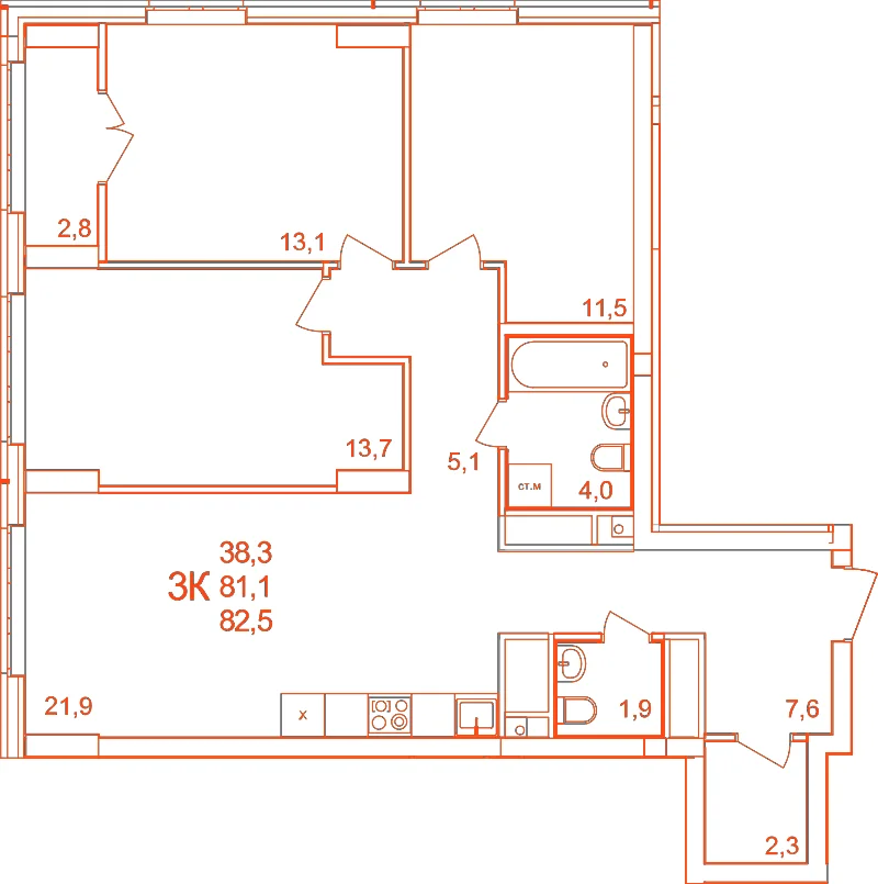 Планировка: 3-комнатная · 82,50 м²