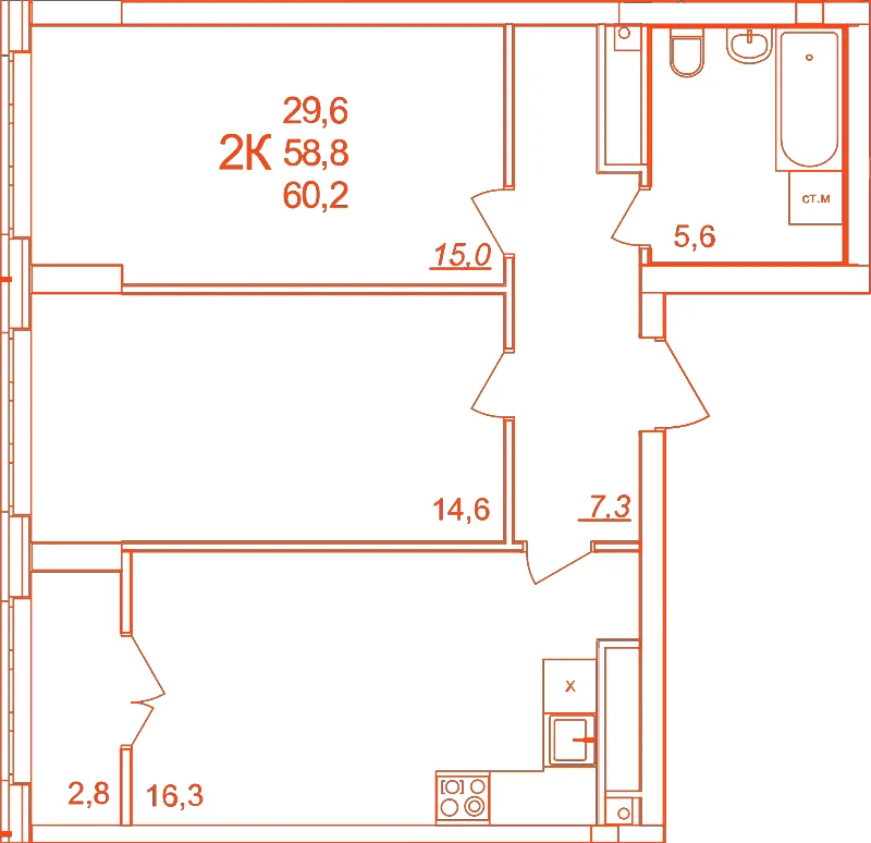 Планировка: 2-комнатная · 60,20 м²