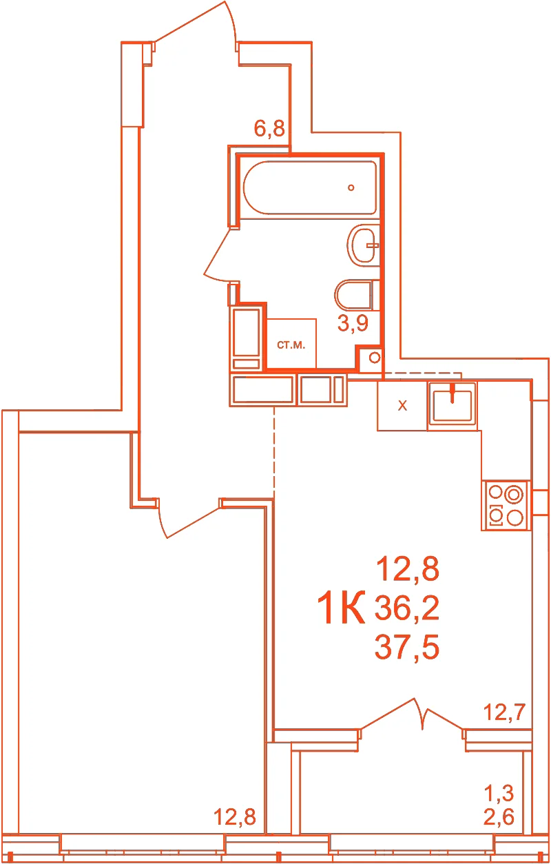 Планировка: 1-комнатная · 37,50 м²
