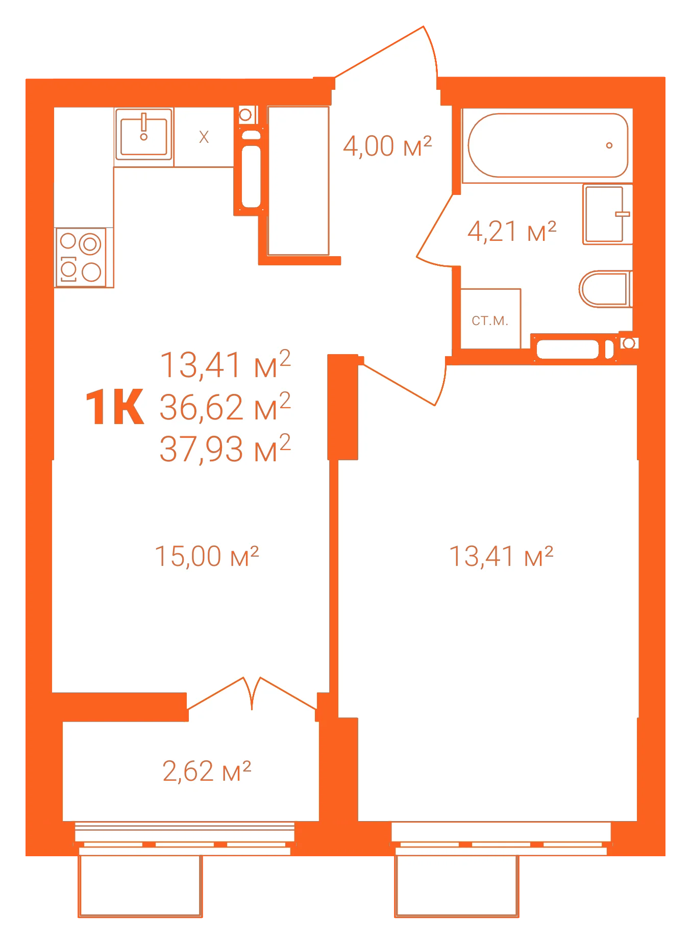 Планировка: 1-комнатная · 37,93 м²