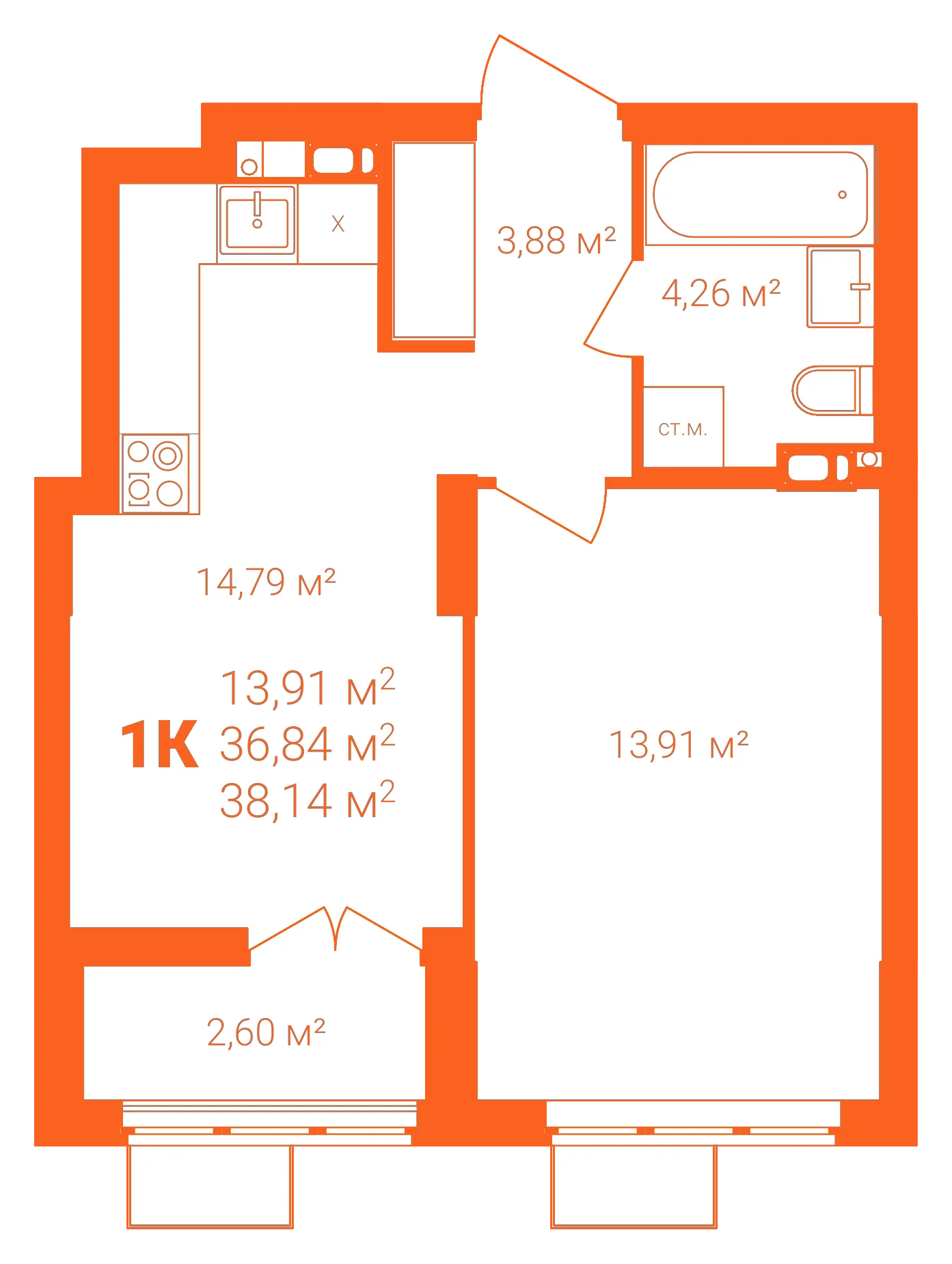 Планировка: 1-комнатная · 38,14 м²