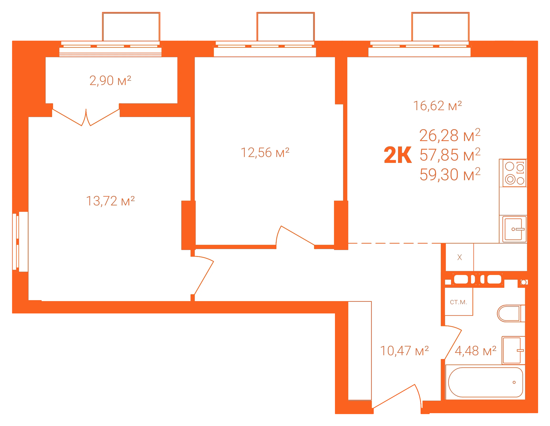 Планировка: 2-комнатная · 59,30 м²
