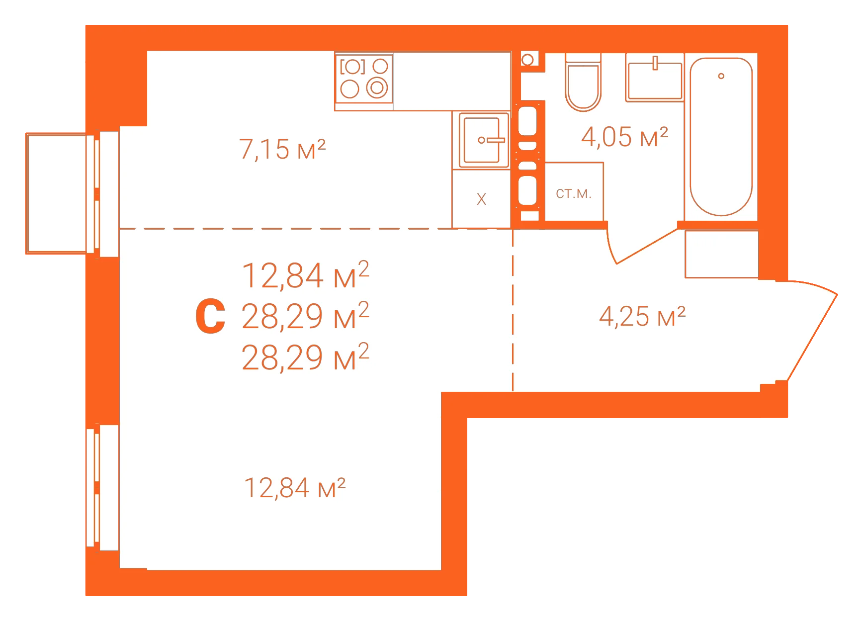 Планировка: Студия · 28,29 м²
