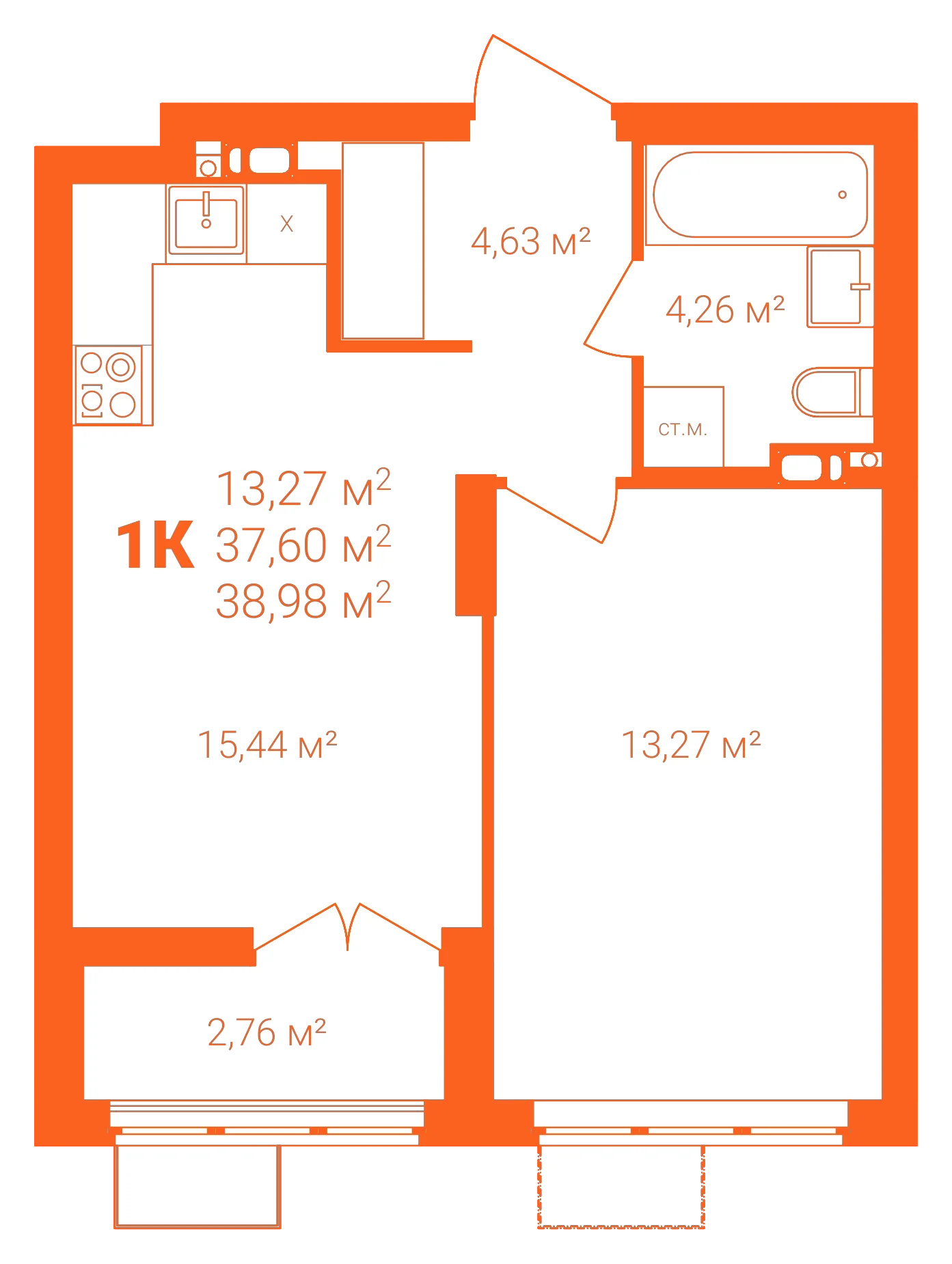Планировка: 1-комнатная · 38,98 м²