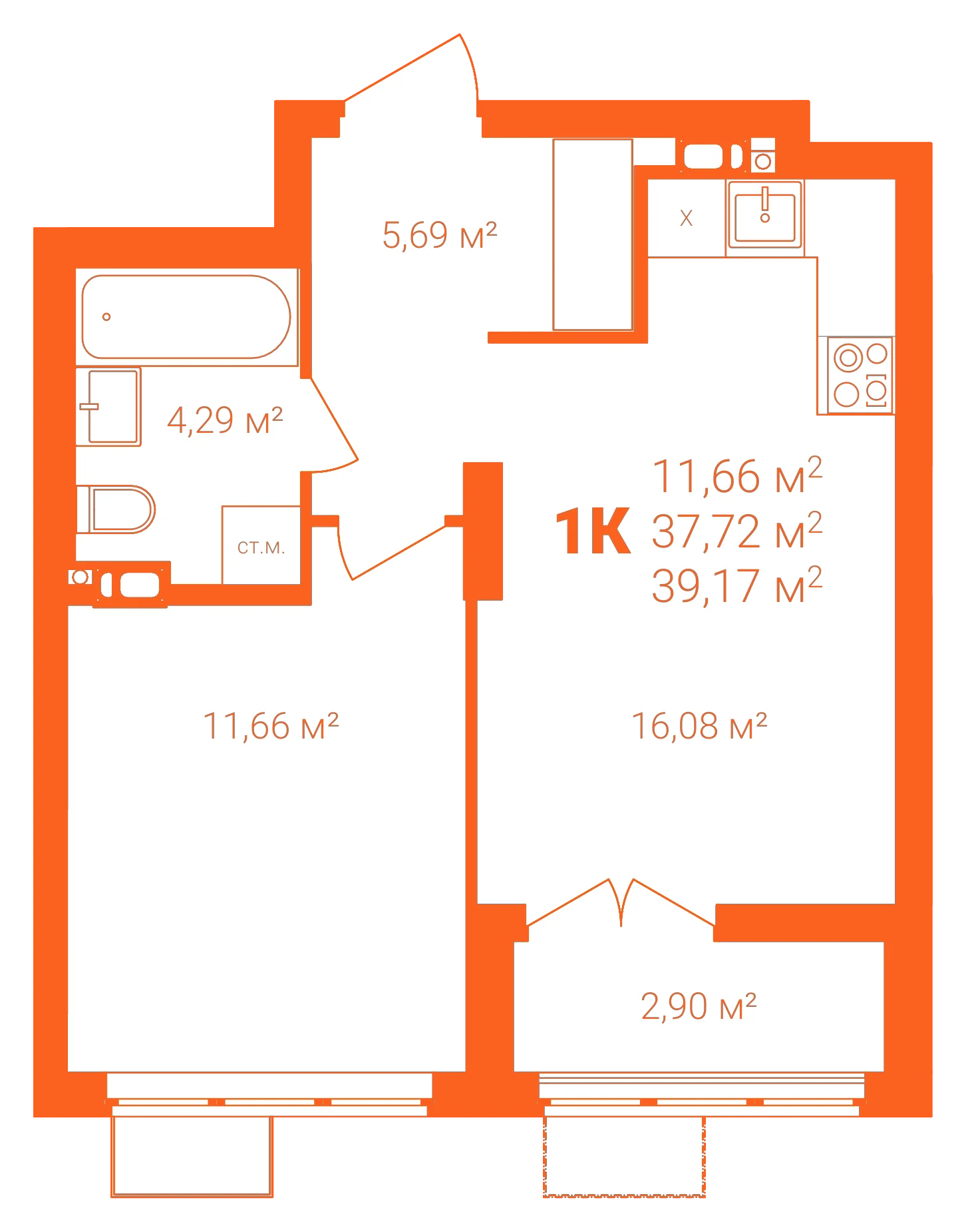 Планировка: 1-комнатная · 39,17 м²