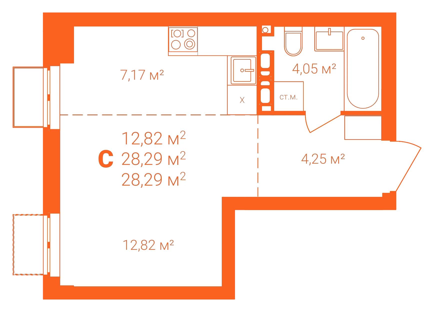 Планировка: Студия · 28,29 м²