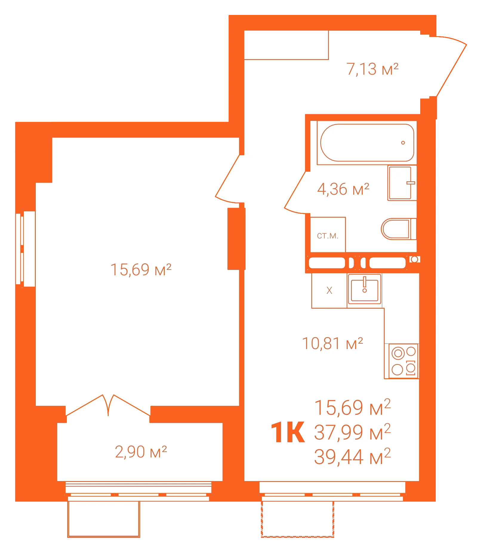 Планировка: 1-комнатная · 39,44 м²