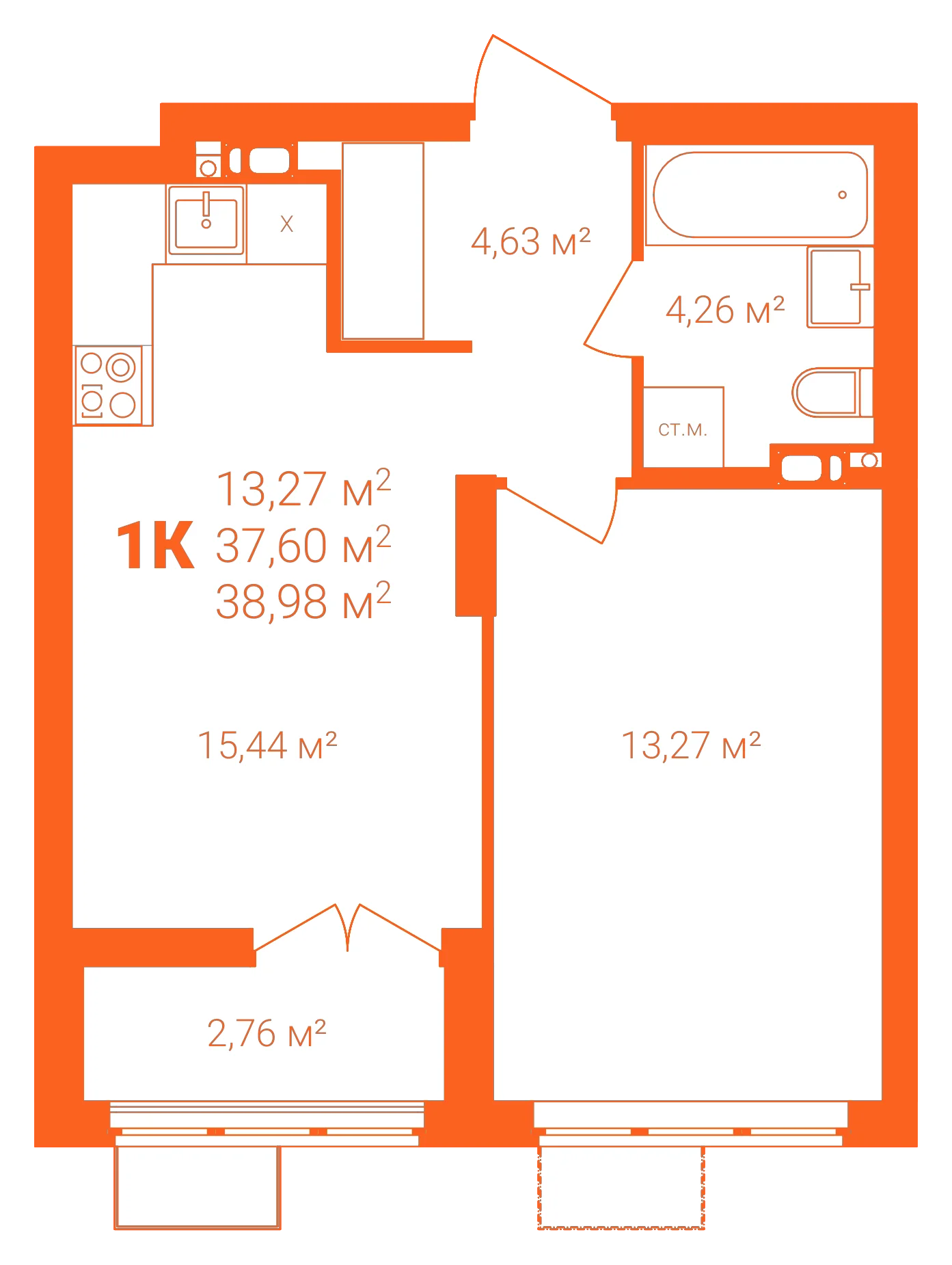 Планировка: 1-комнатная · 38,98 м²
