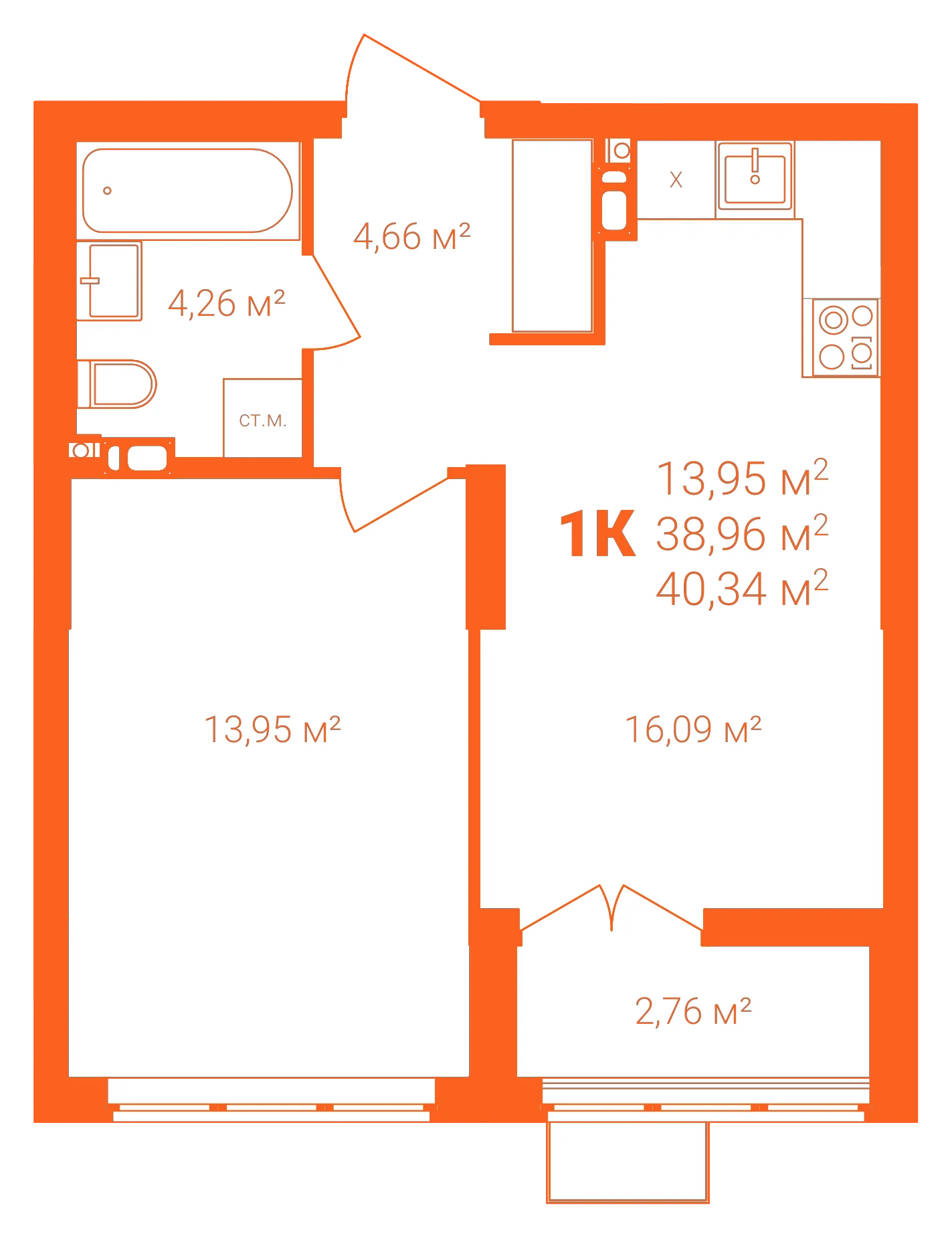 Планировка: 1-комнатная · 40,34 м²