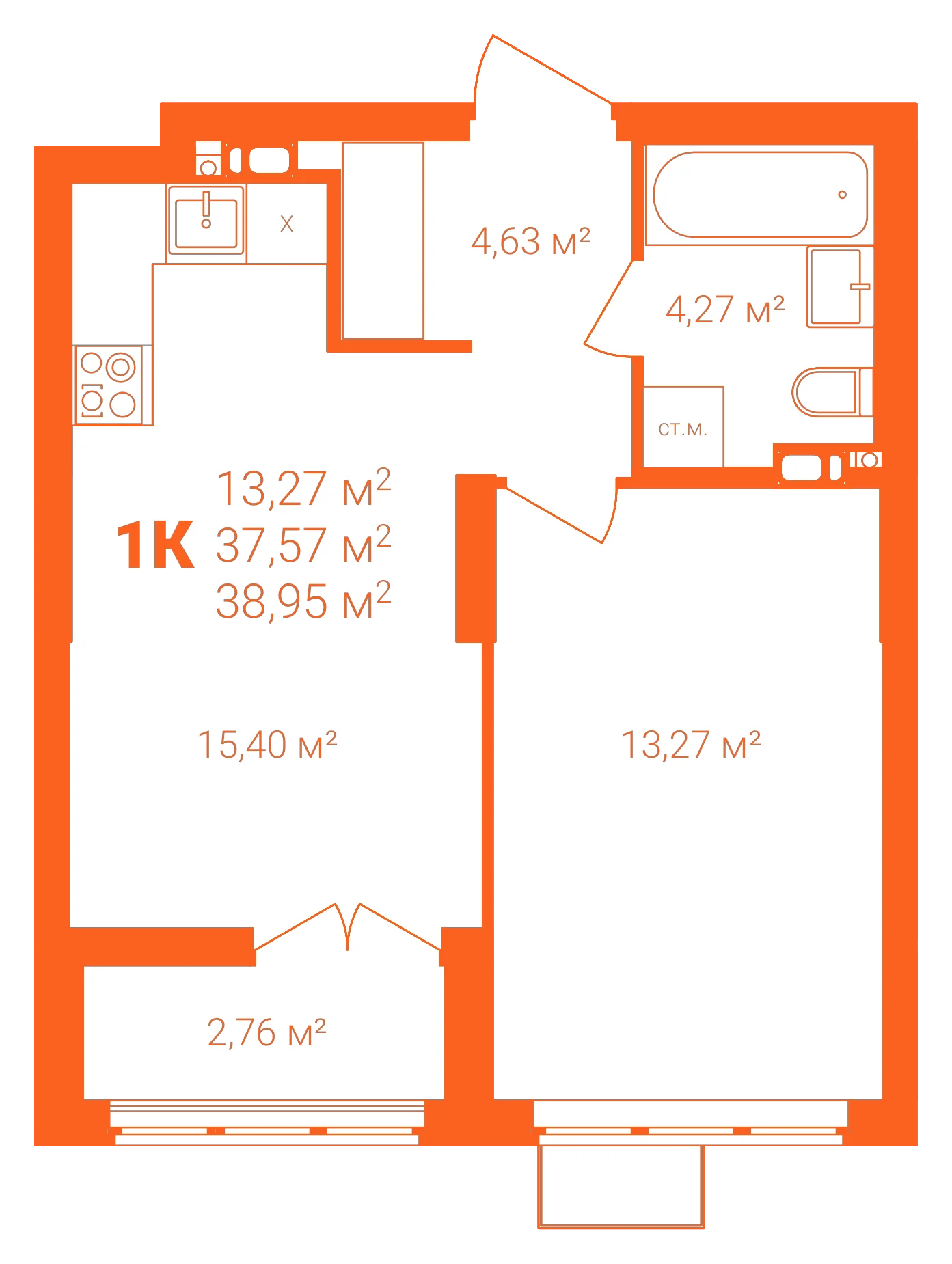 Планировка: 1-комнатная · 38,95 м²
