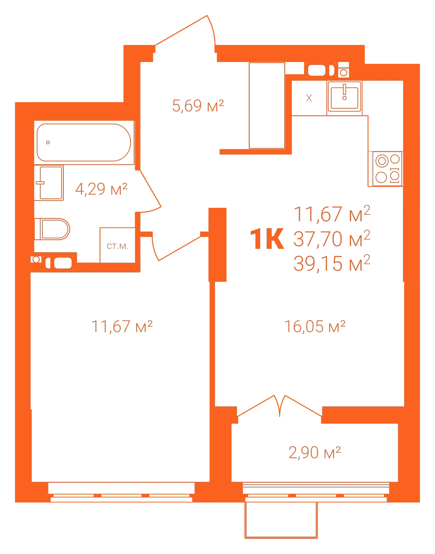 Планировка: 1-комнатная · 39,15 м²