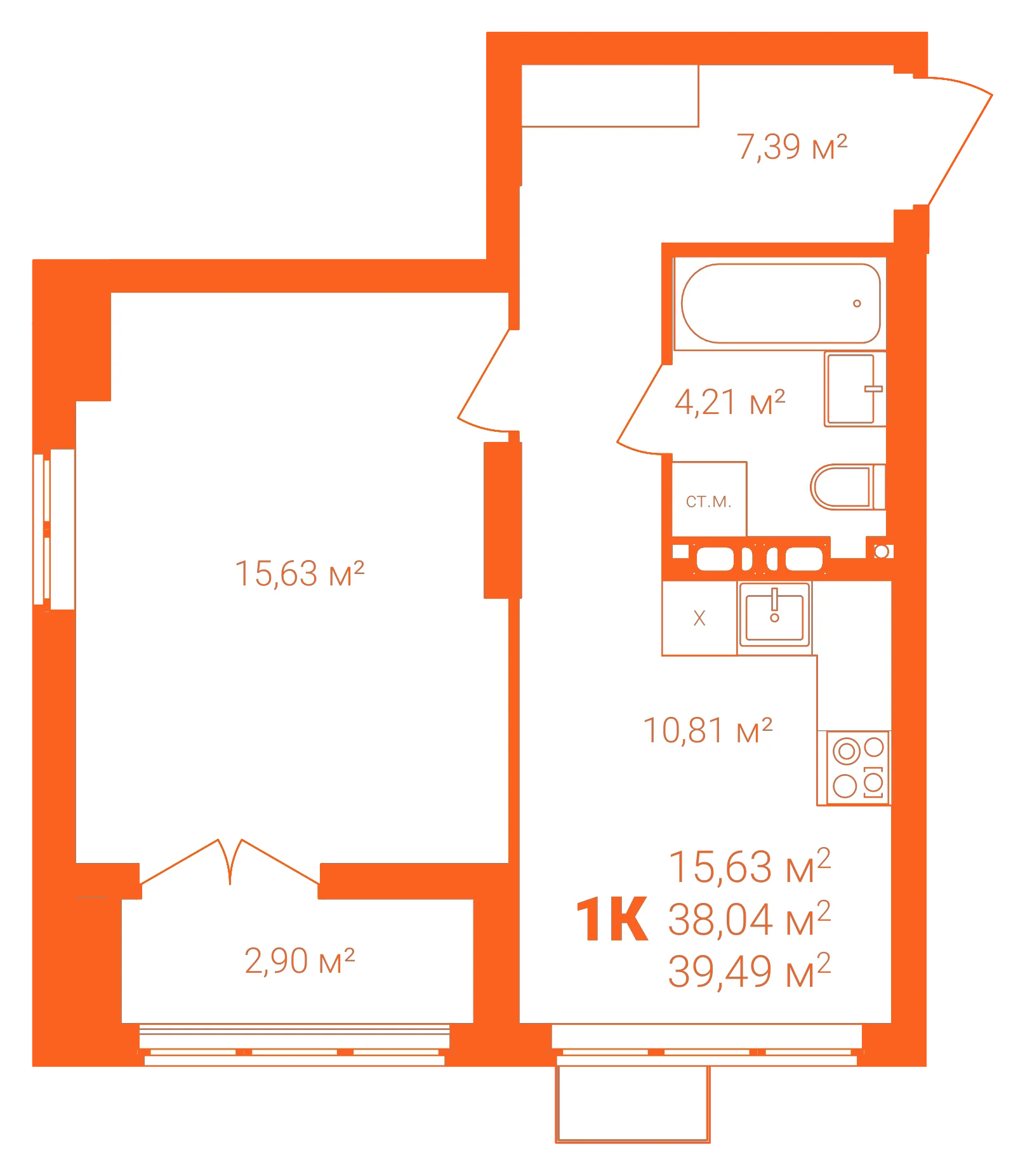 Планировка: 1-комнатная · 39,49 м²