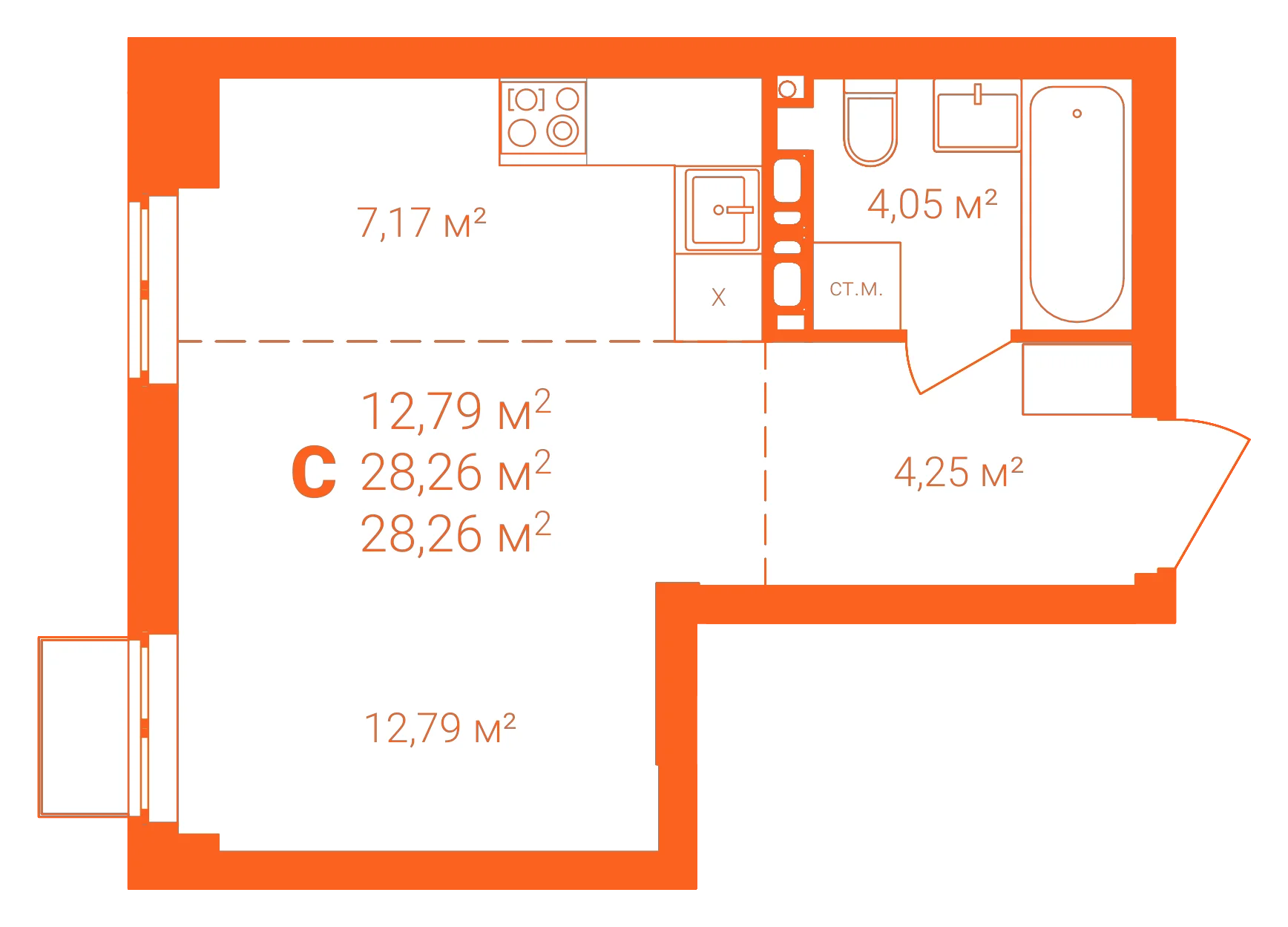 Планировка: Студия · 28,26 м²