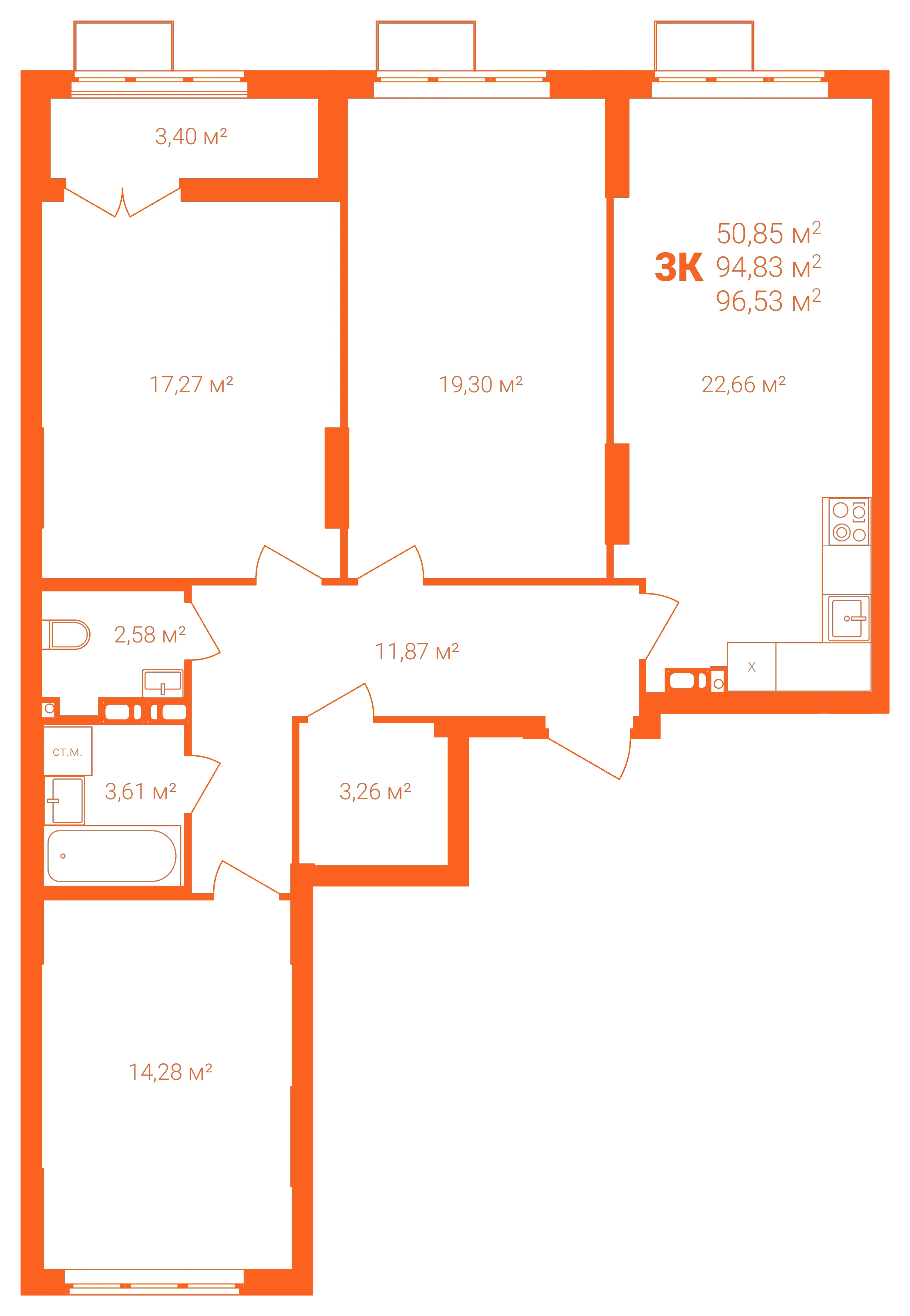 Планировка: 3-комнатная · 96,53 м²