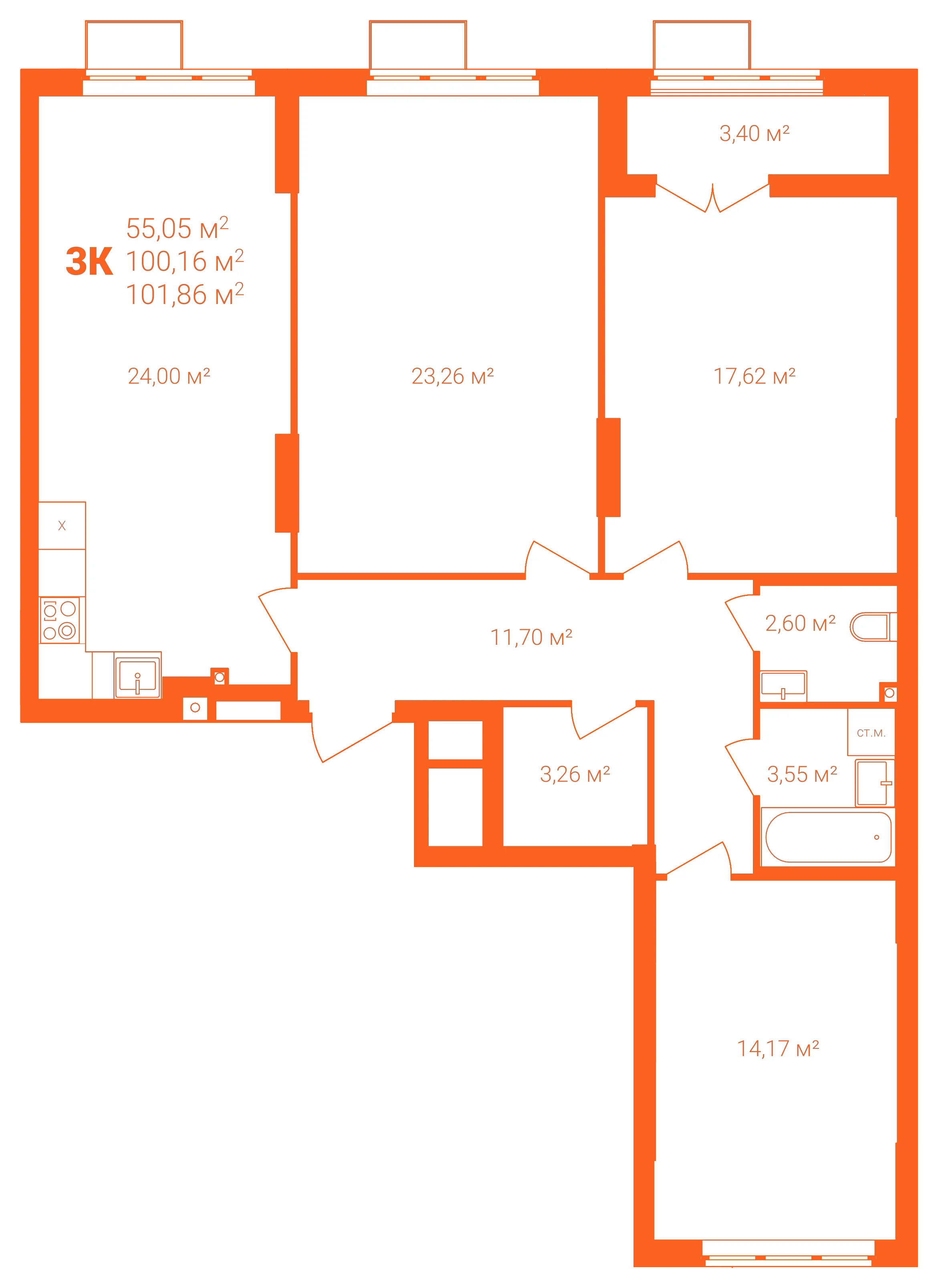 Планировка: 3-комнатная · 101,86 м²