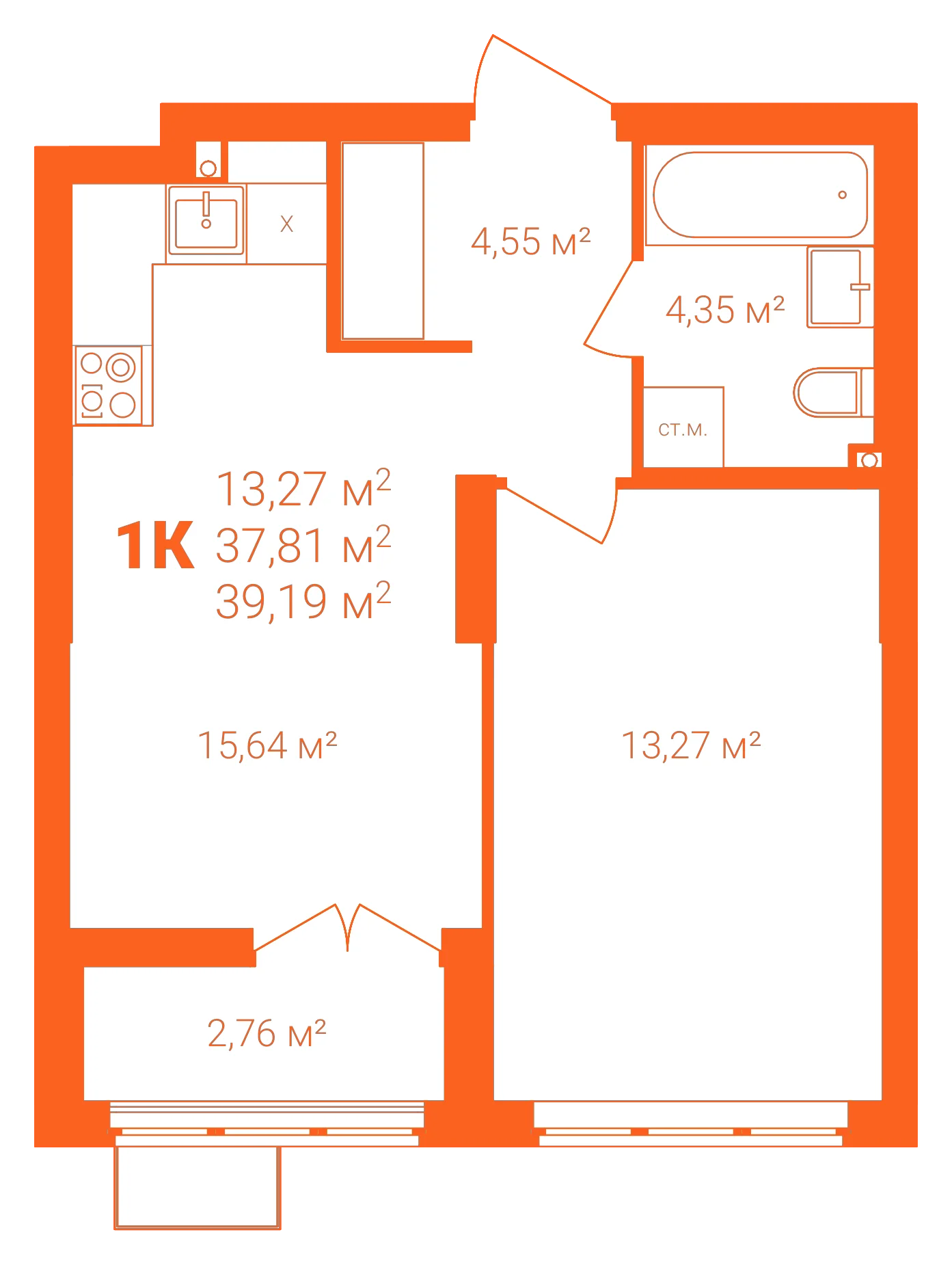 Планировка: 1-комнатная · 39,19 м²