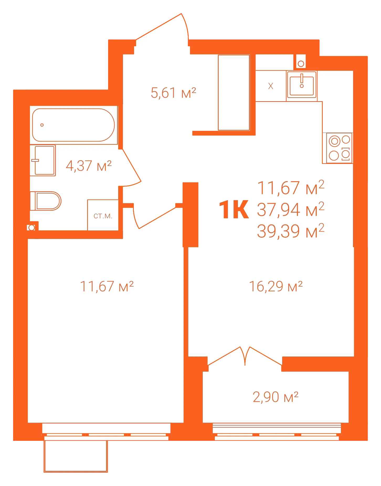 Планировка: 1-комнатная · 39,39 м²