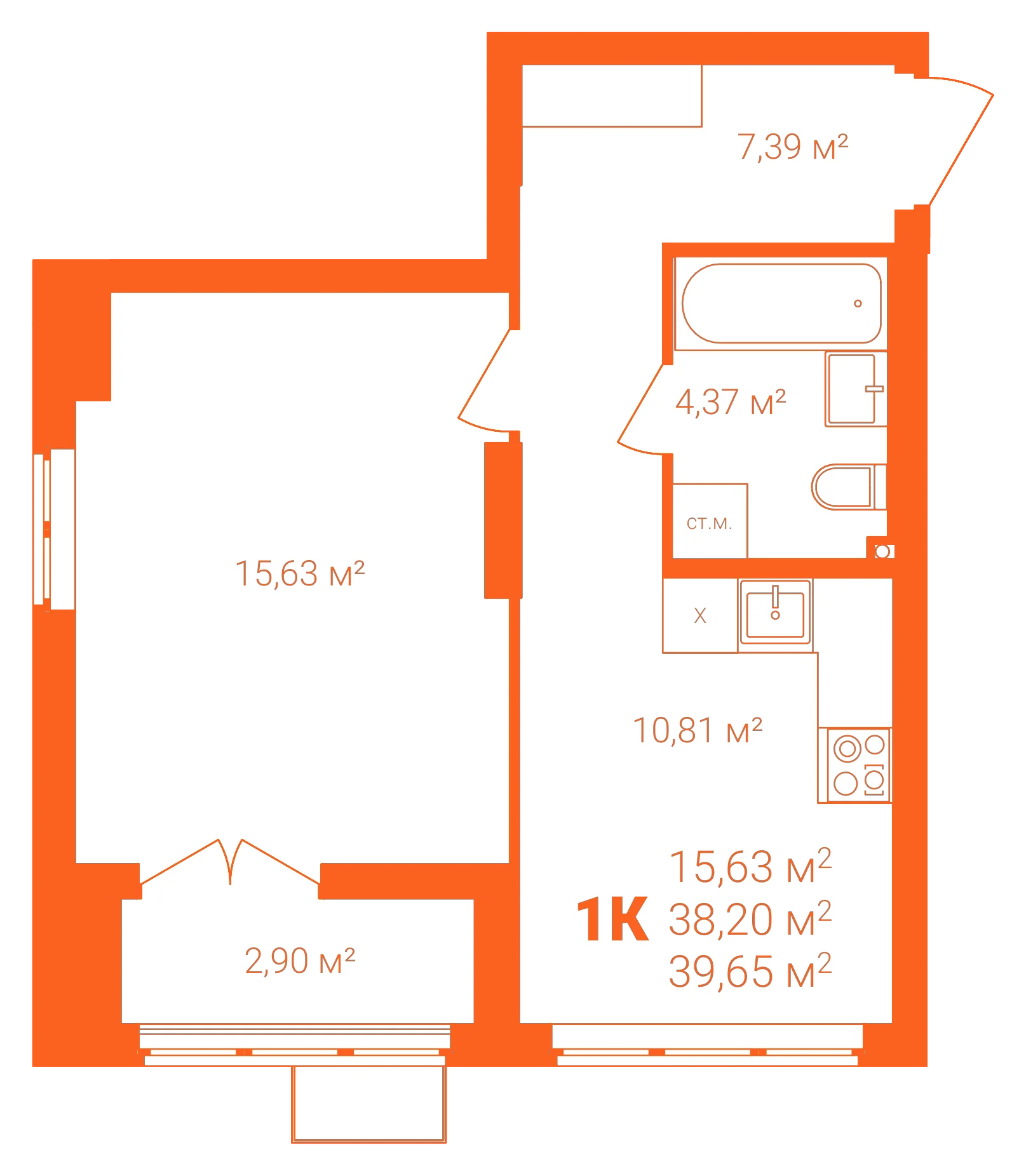 Планировка: 1-комнатная · 39,65 м²