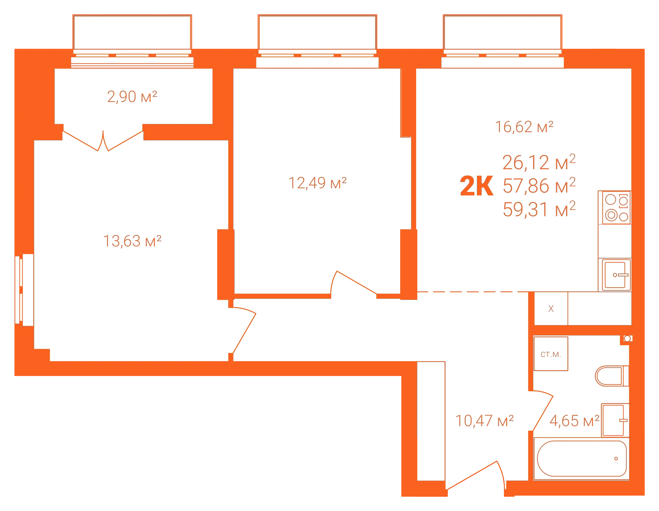 Планировка: 2-комнатная · 59,31 м²