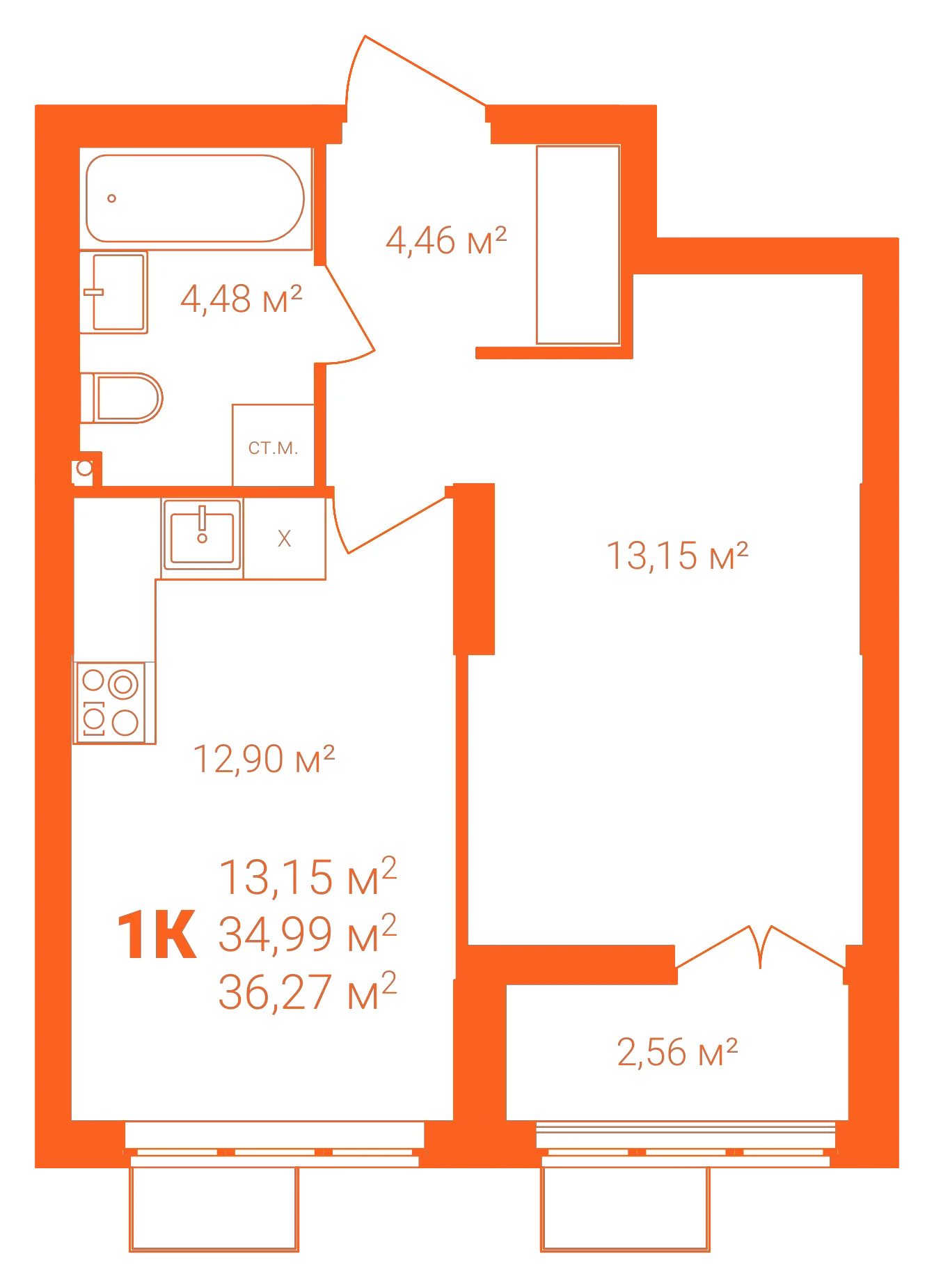 Планировка: 1-комнатная · 36,27 м²