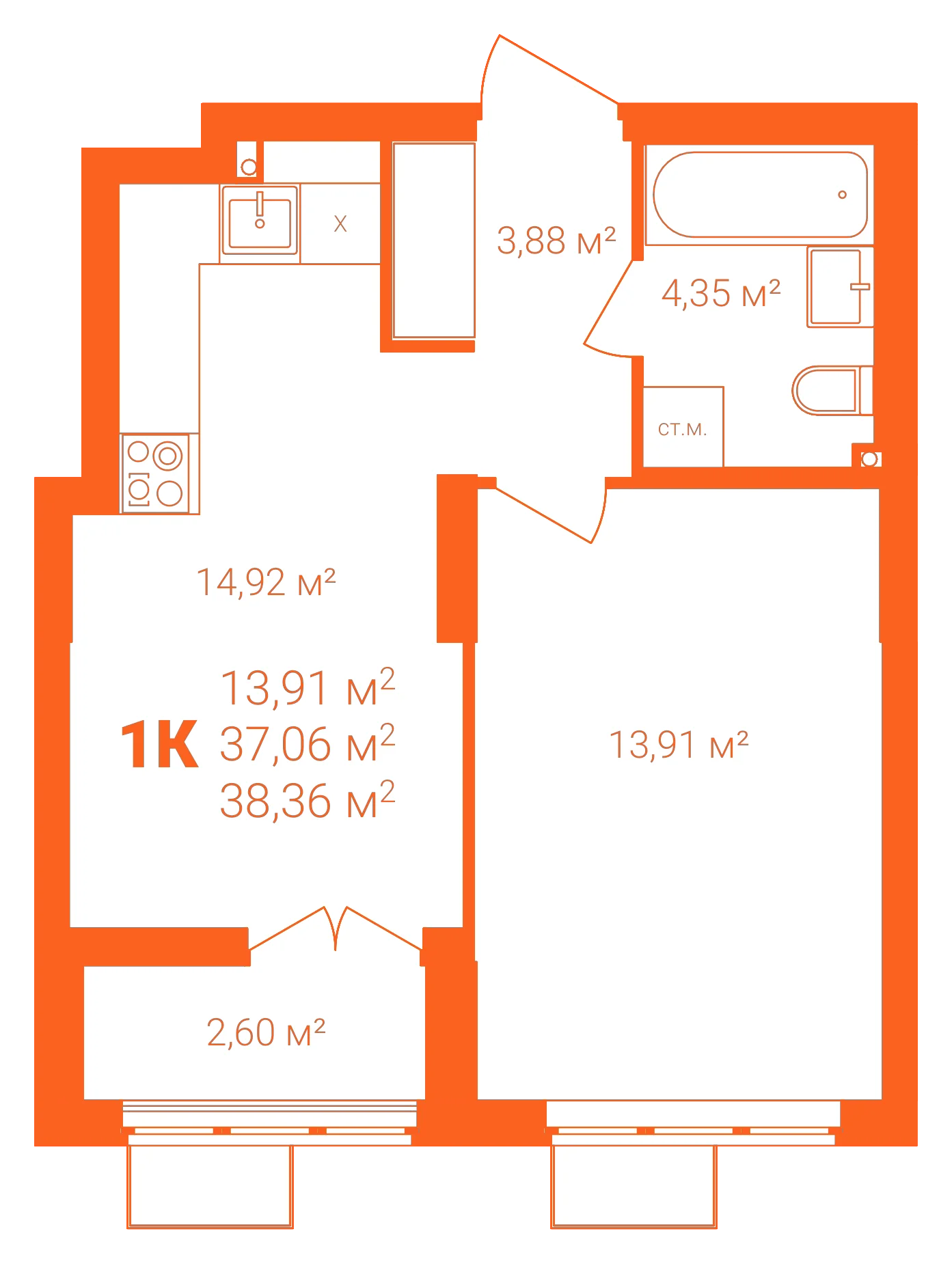 Планировка: 1-комнатная · 38,36 м²