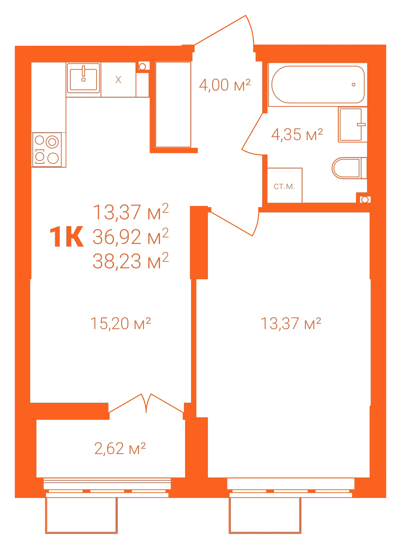 Планировка: 1-комнатная · 38,23 м²