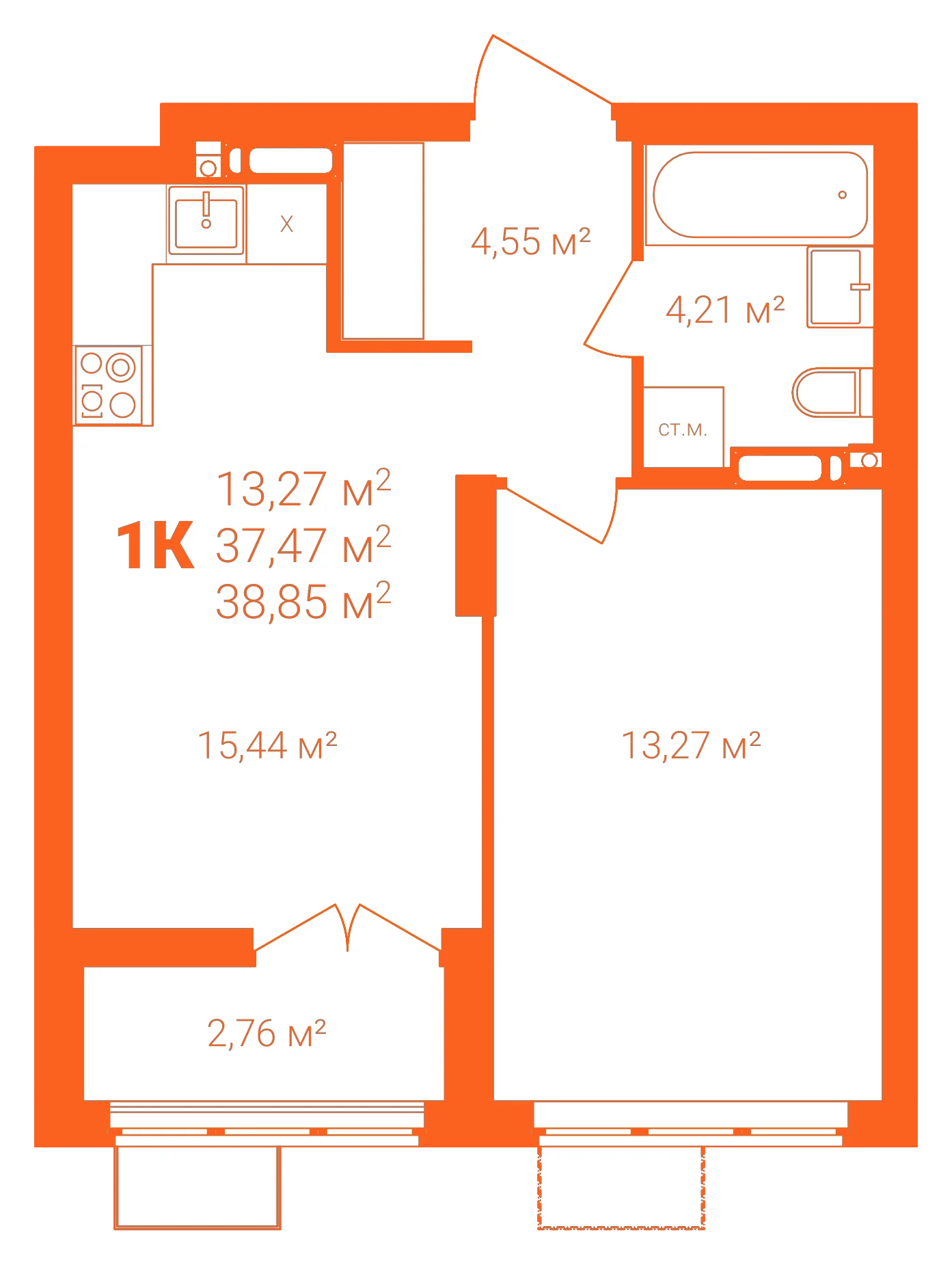 Планировка: 1-комнатная · 38,85 м²