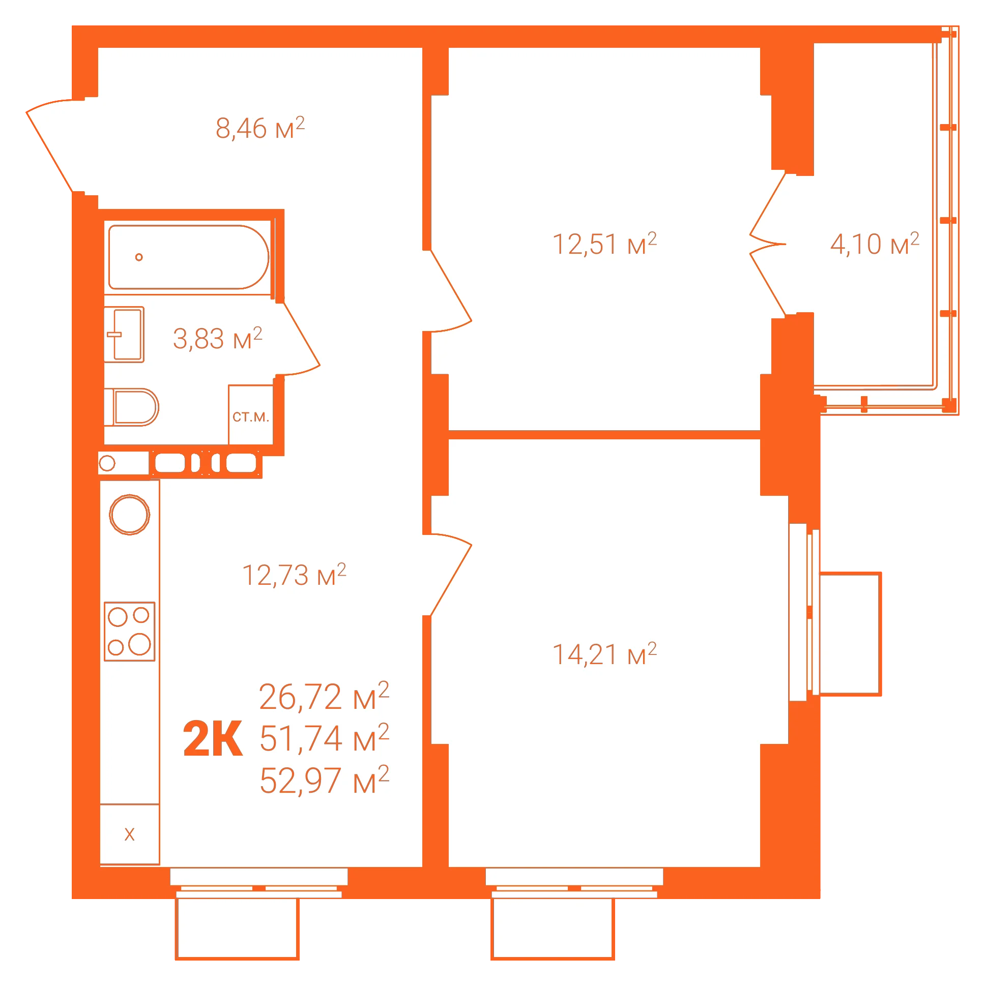 Планировка: 2-комнатная · 52,97 м²