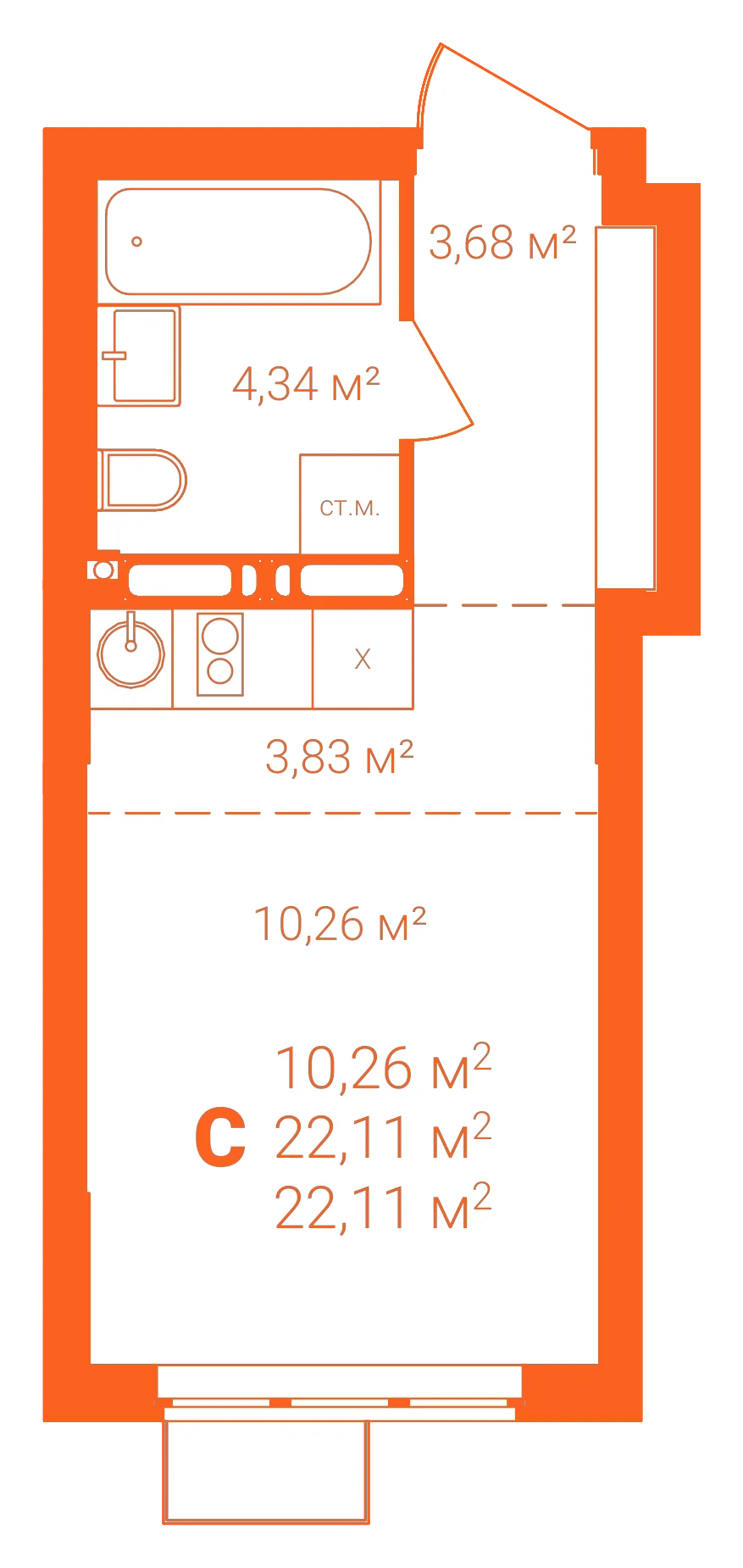 Планировка: Студия · 22,11 м²