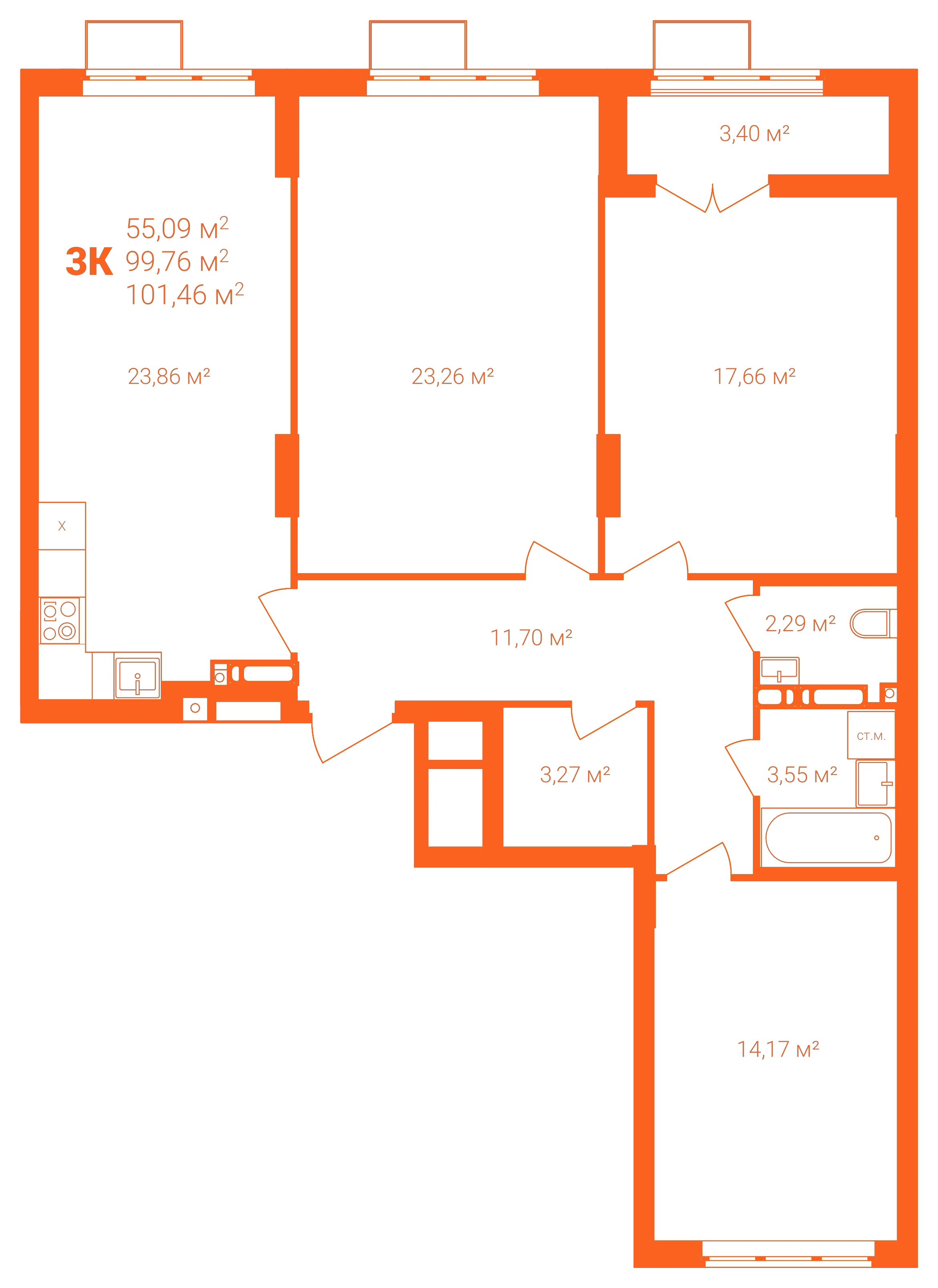 Планировка: 3-комнатная · 101,46 м²