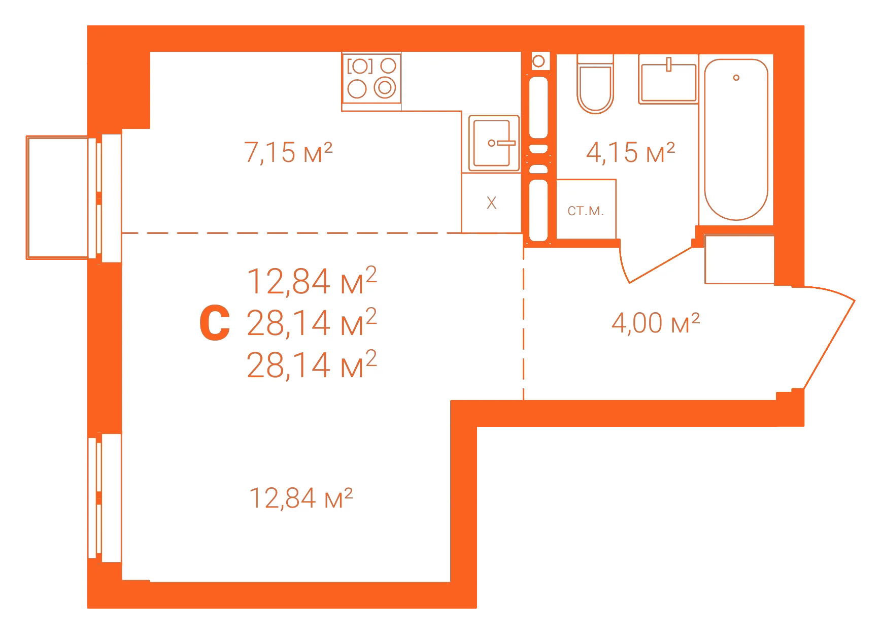 Планировка: Студия · 28,14 м²