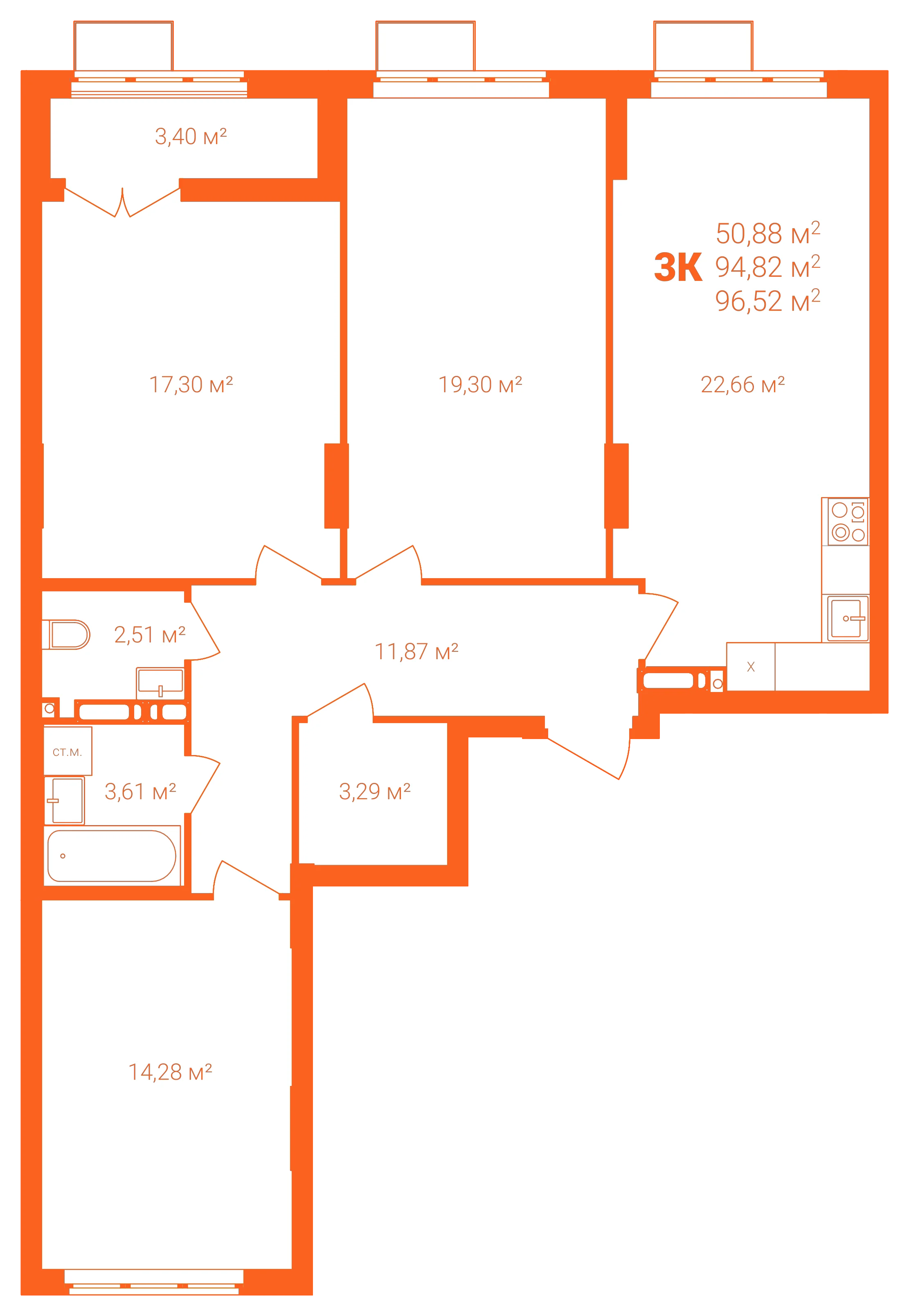 Планировка: 3-комнатная · 96,52 м²