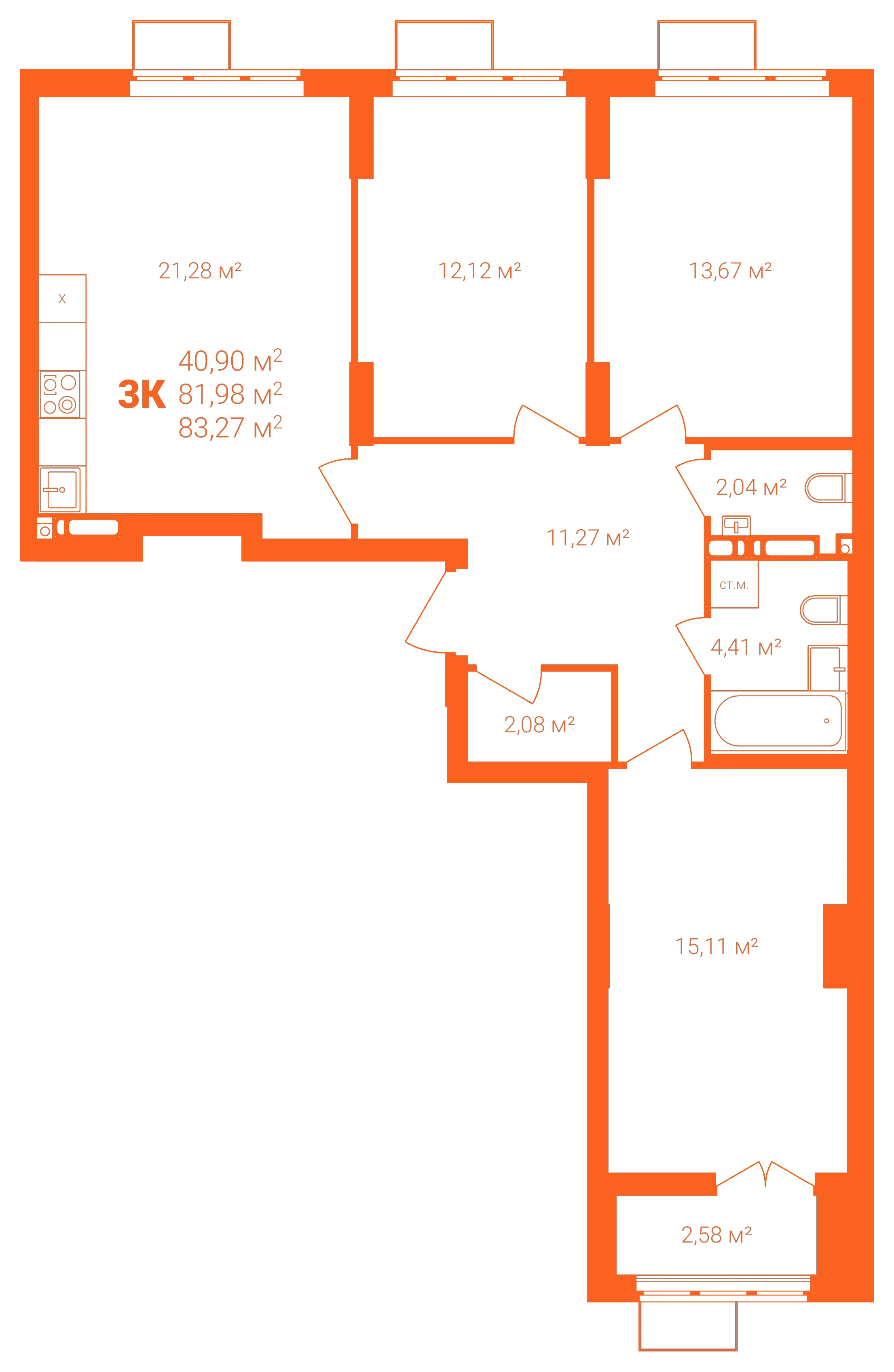 Планировка: 3-комнатная · 83,27 м²