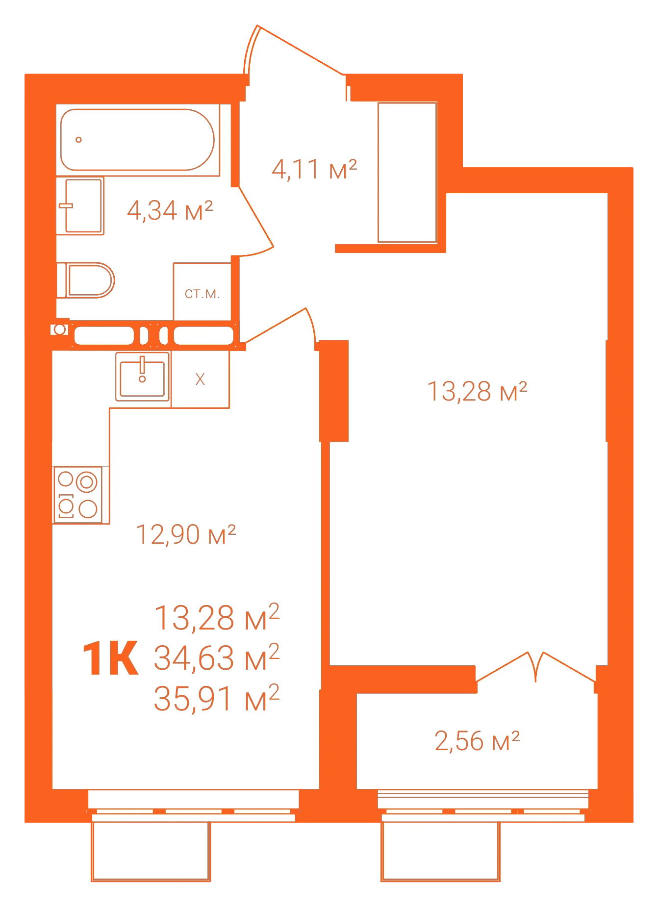 Планировка: 1-комнатная · 35,91 м²
