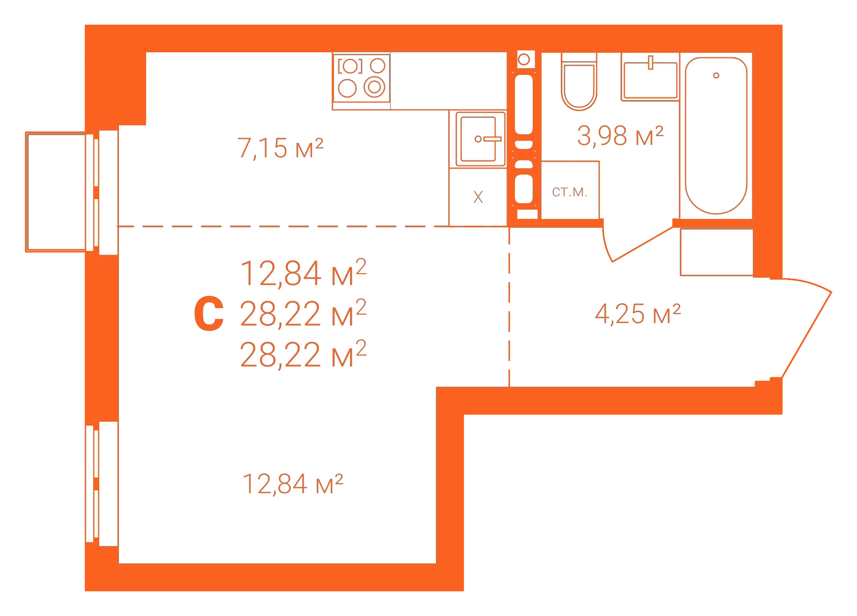 Планировка: Студия · 28,22 м²