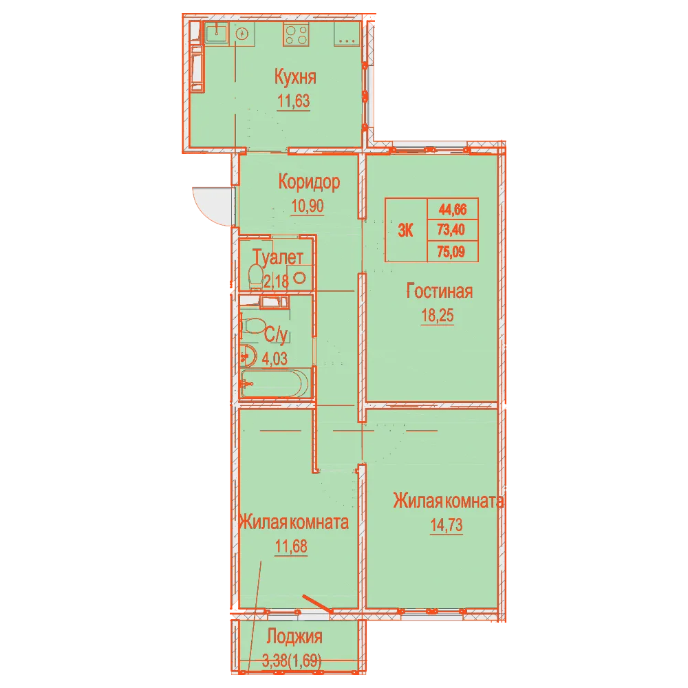 Планировка: 3-комнатная · 75,09 м²