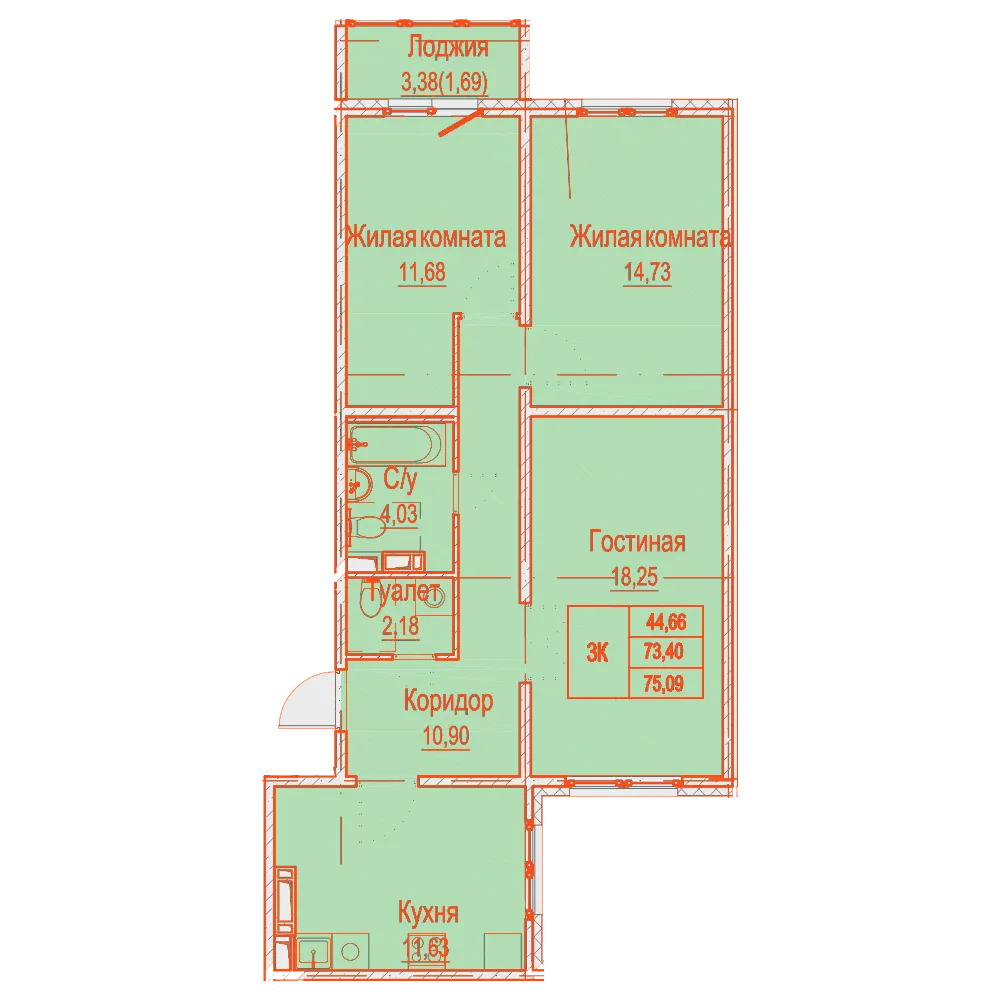 Планировка: 3-комнатная · 75,09 м²