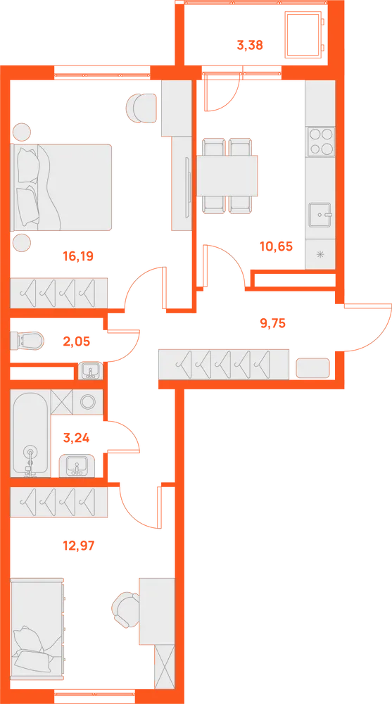 Планировка: 2-комнатная · 56,54 м²