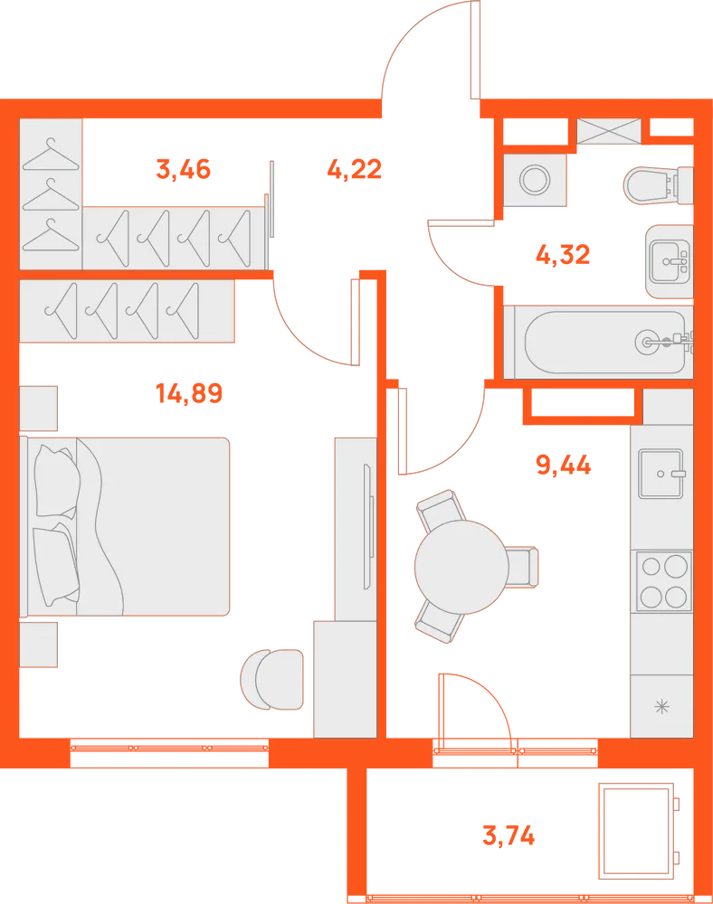 Планировка: 1-комнатная · 38,20 м²