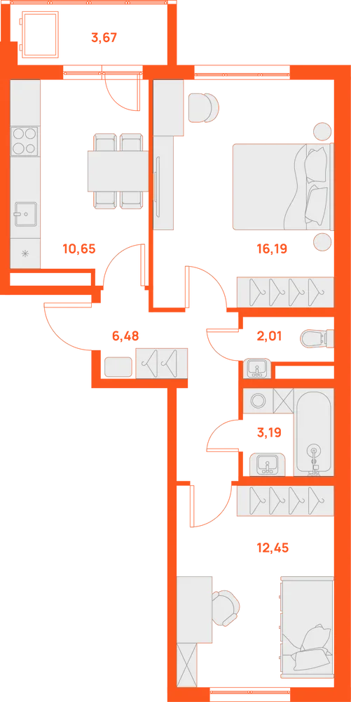 Планировка: 2-комнатная · 52,81 м²