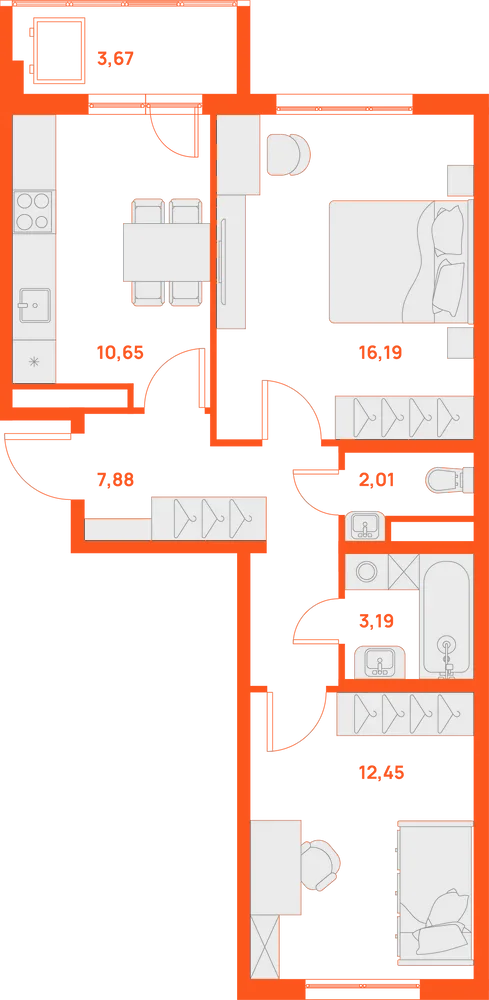Планировка: 2-комнатная · 54,21 м²