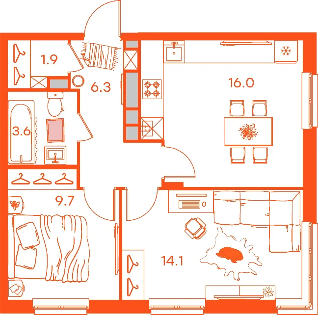 Планировка: 2-комнатная · 51,60 м²