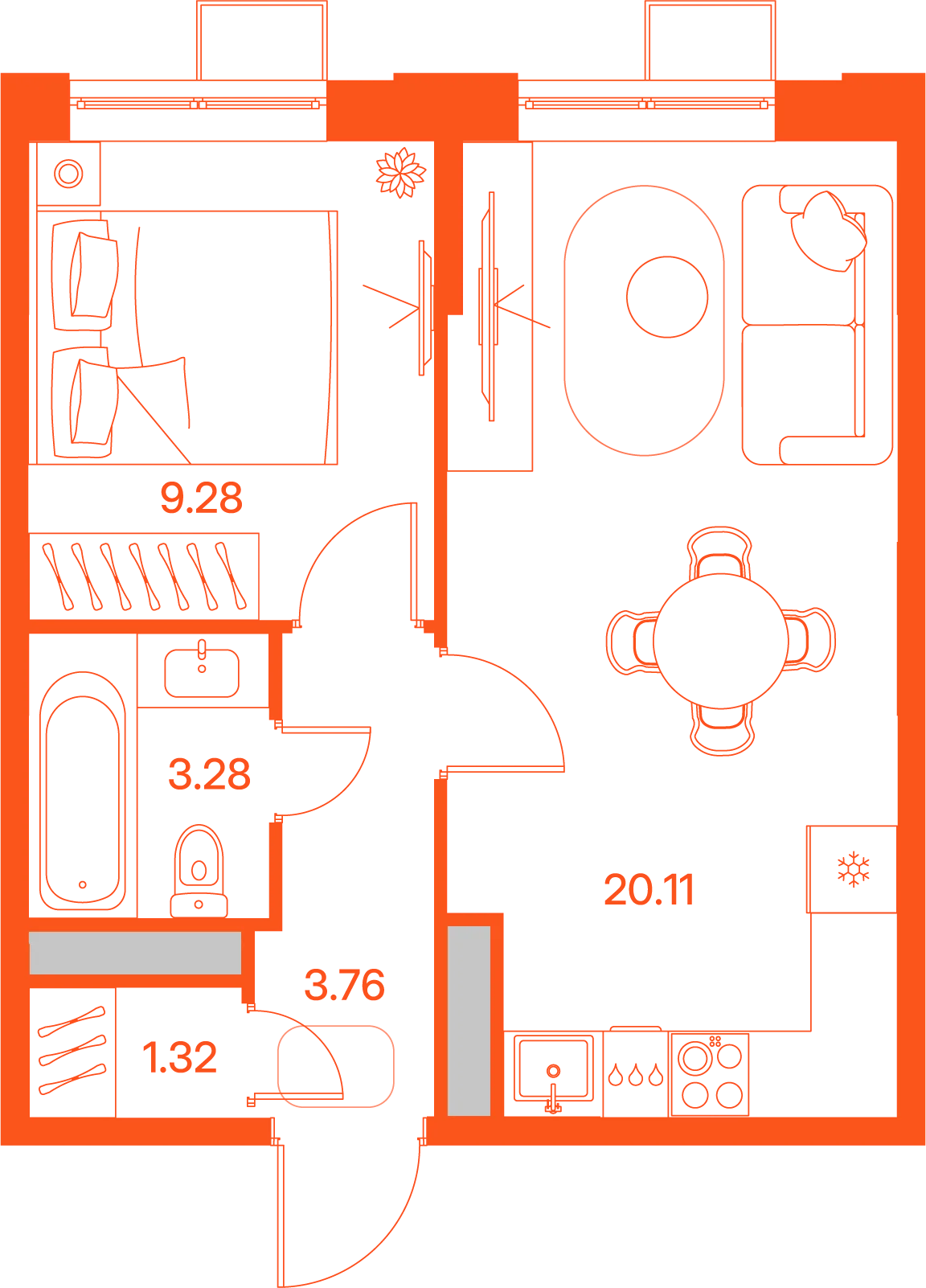 Планировка: 1-комнатная · 37,75 м²