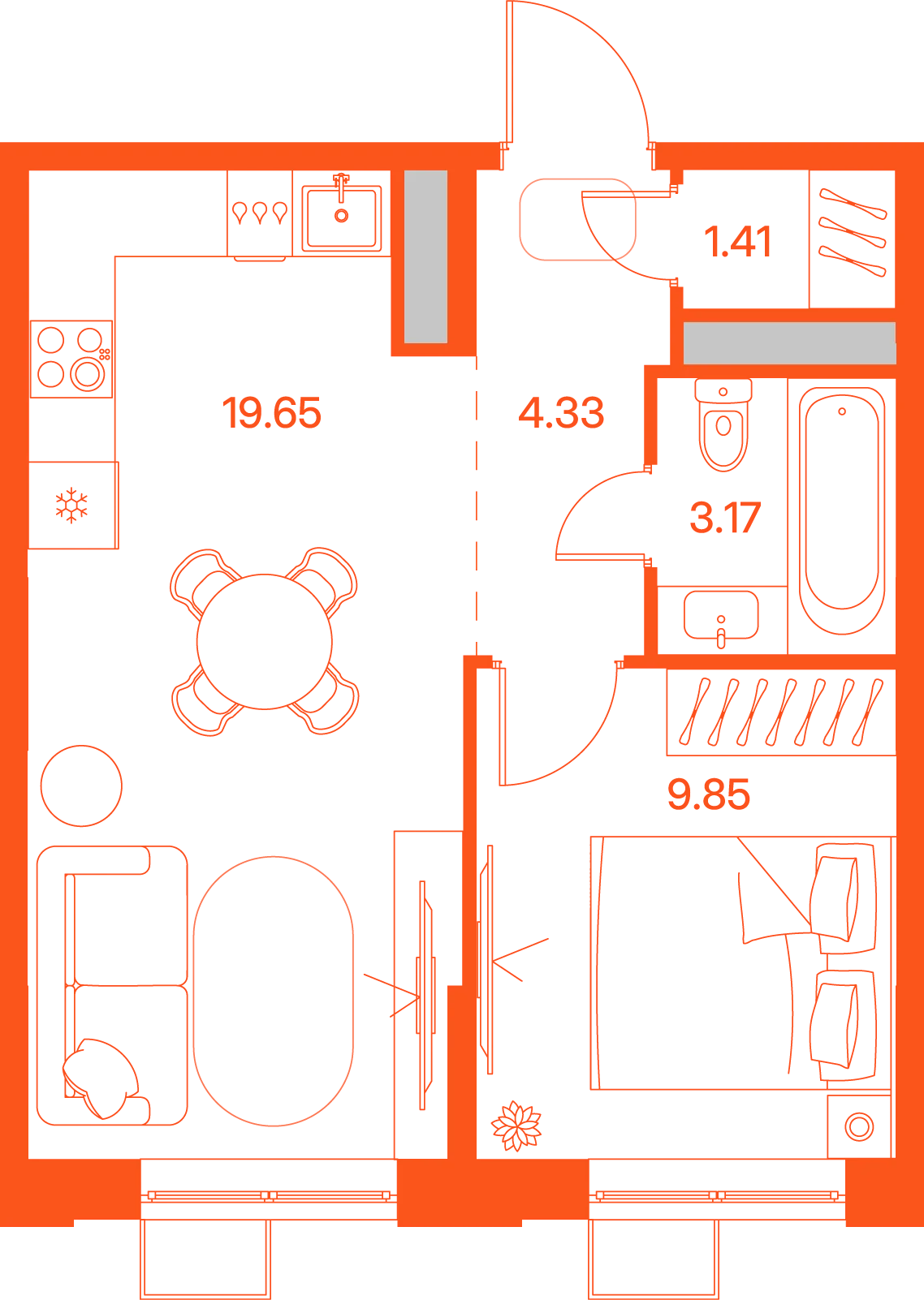 Планировка: 1-комнатная · 38,41 м²