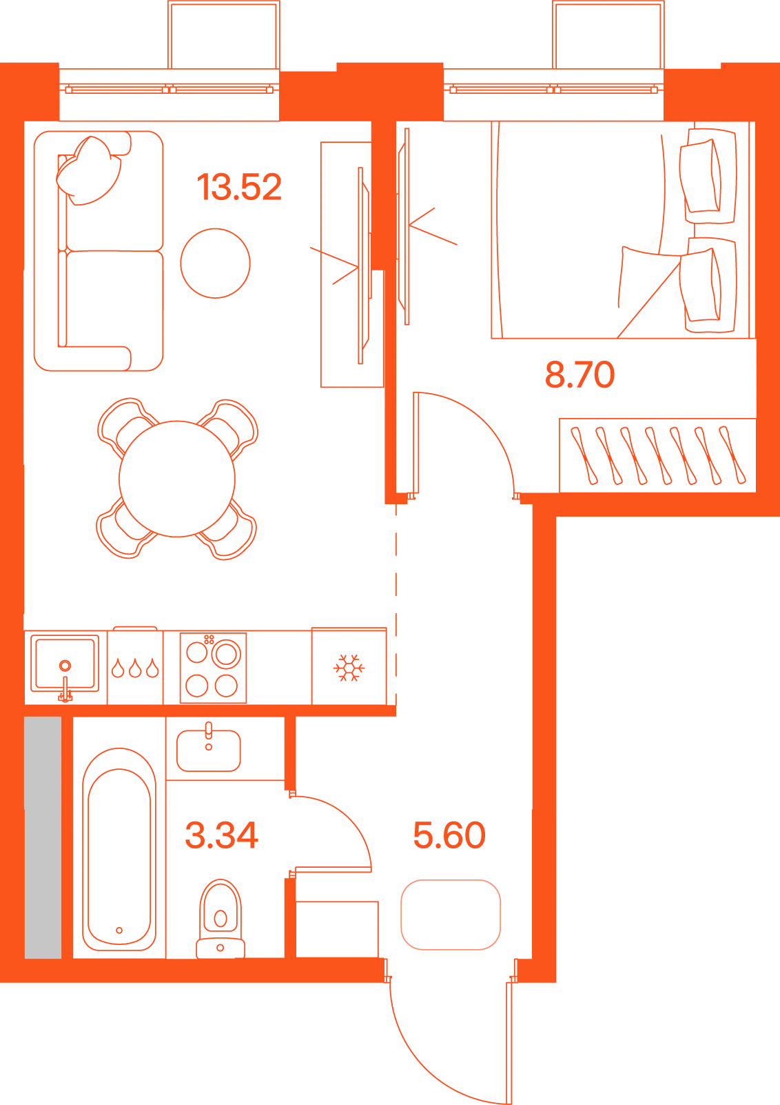 Планировка: 1-комнатная · 31,16 м²