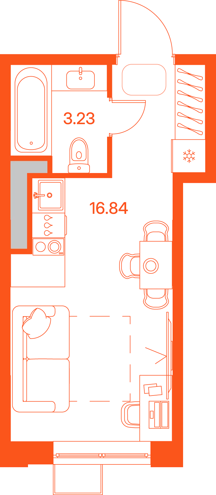 Планировка: 1-комнатная · 20,07 м²
