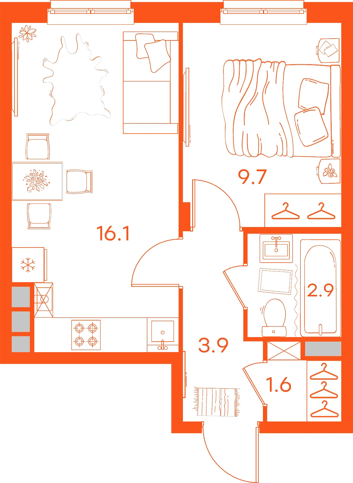 Планировка: 1-комнатная · 34,10 м²