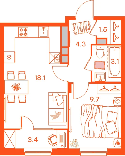 Планировка: 1-комнатная · 40,10 м²