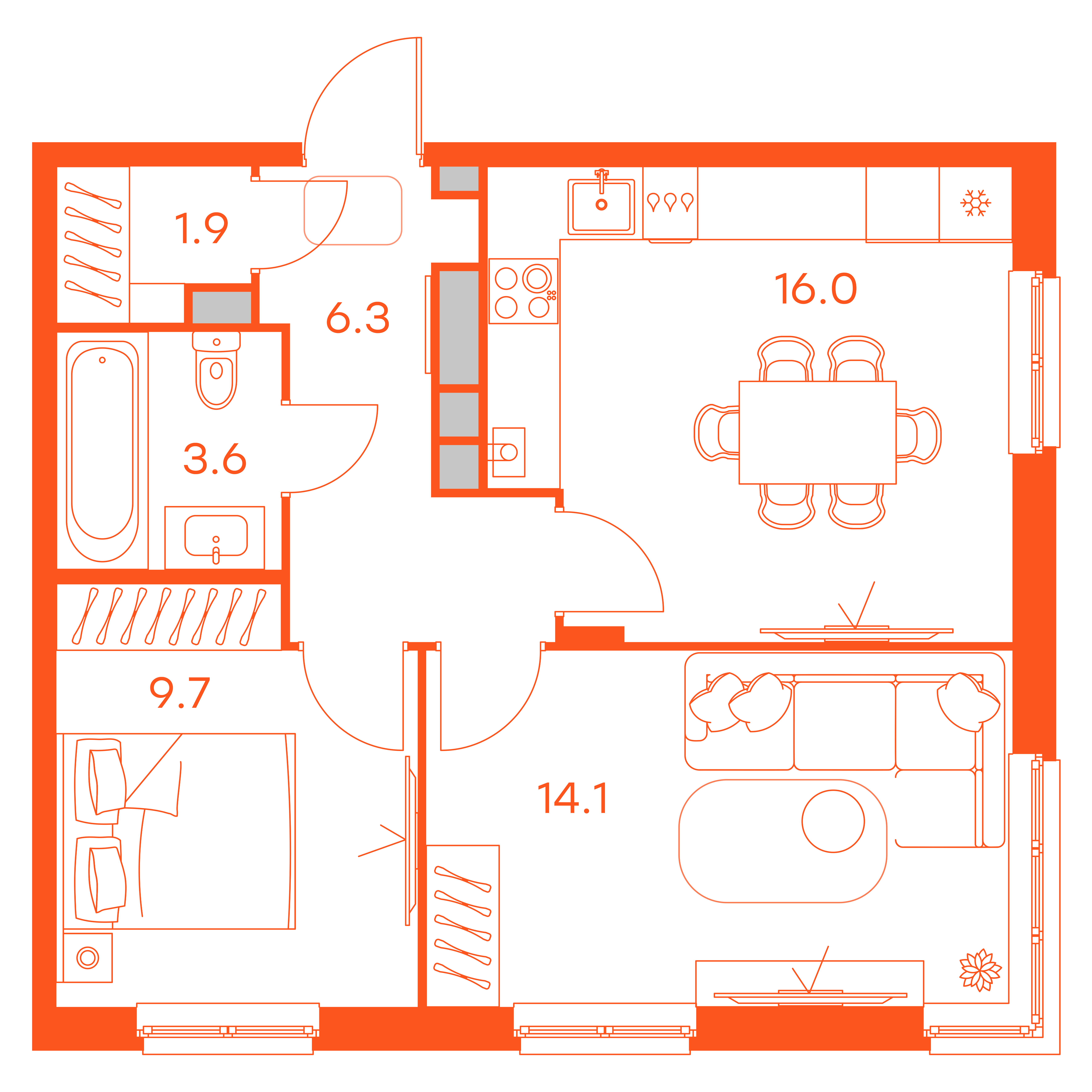 Планировка: 2-комнатная · 51,60 м²