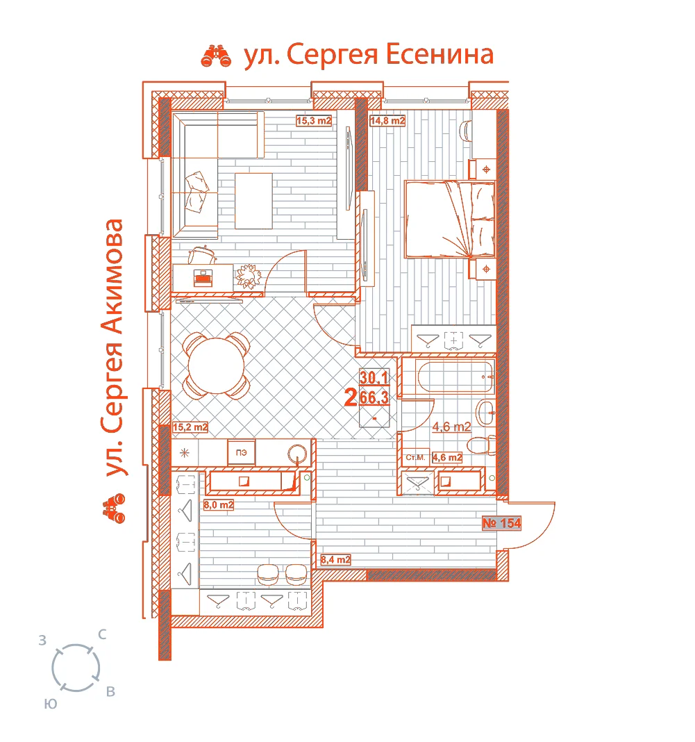 Планировка: 2-комнатная · 66,30 м²